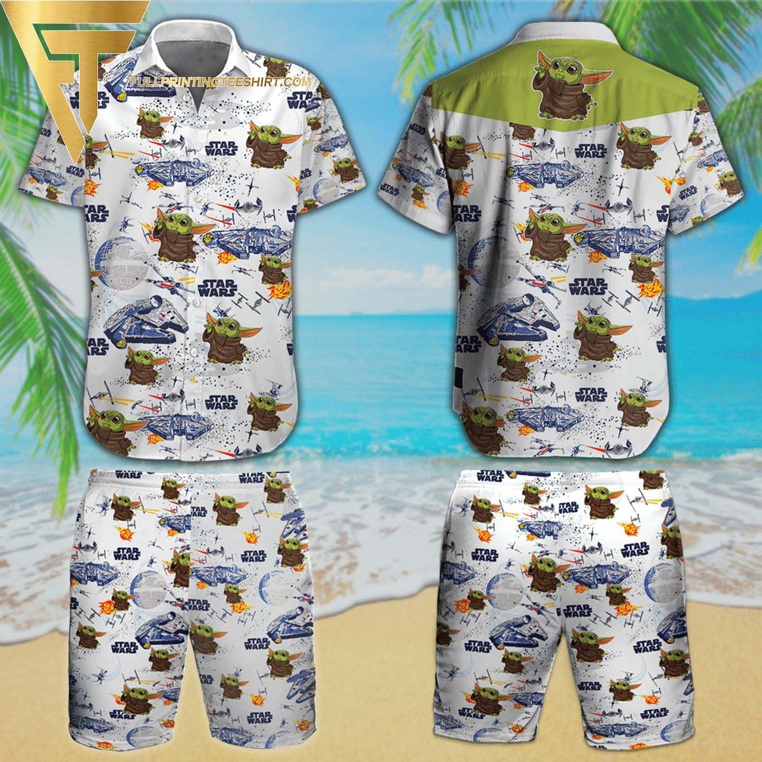 Baby Yoda And All Over Print Summer Aloha Summer Beach Hawaiian Shirt And Beach Shorts Version White