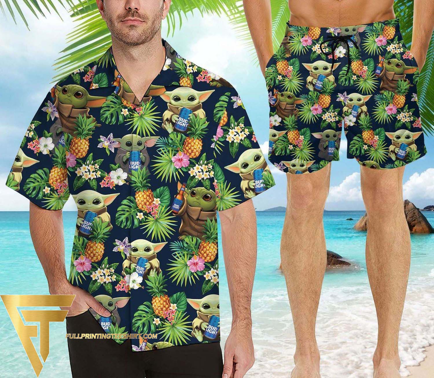 Baby Yoda And Bud Light All Over Print Summer Floral Aloha Summer Beach Hawaiian Shirt And Beach Shorts