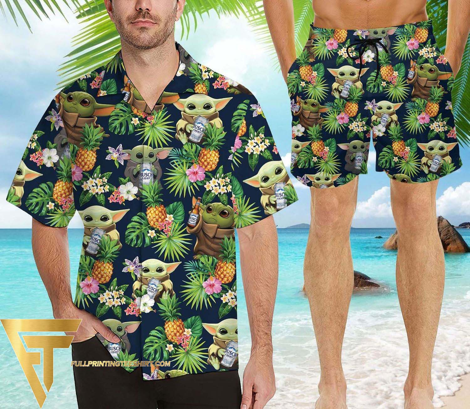 Baby Yoda And Bud Light All Over Print Summer Floral Aloha Summer Beach Hawaiian Shirt And Beach Shorts