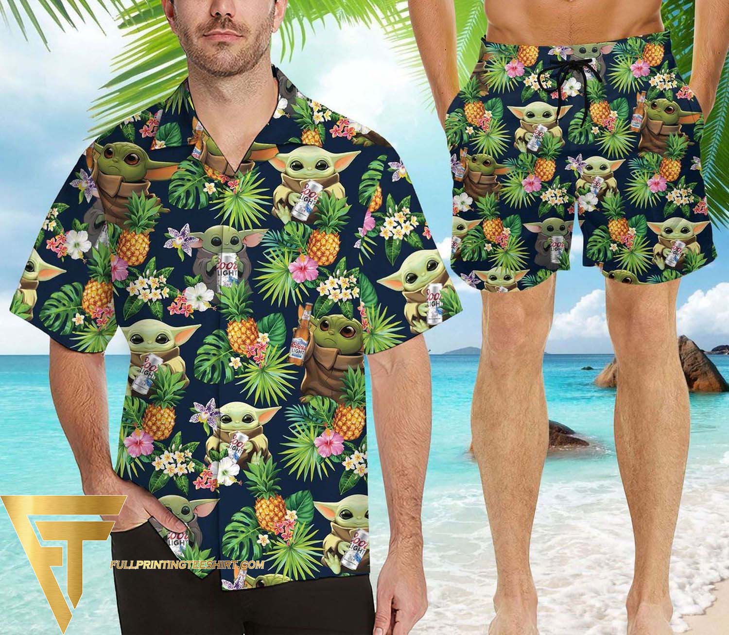 Baby Yoda And Coors Light All Over Print Summer Floral Aloha Summer Beach Hawaiian Shirt And Beach Shorts