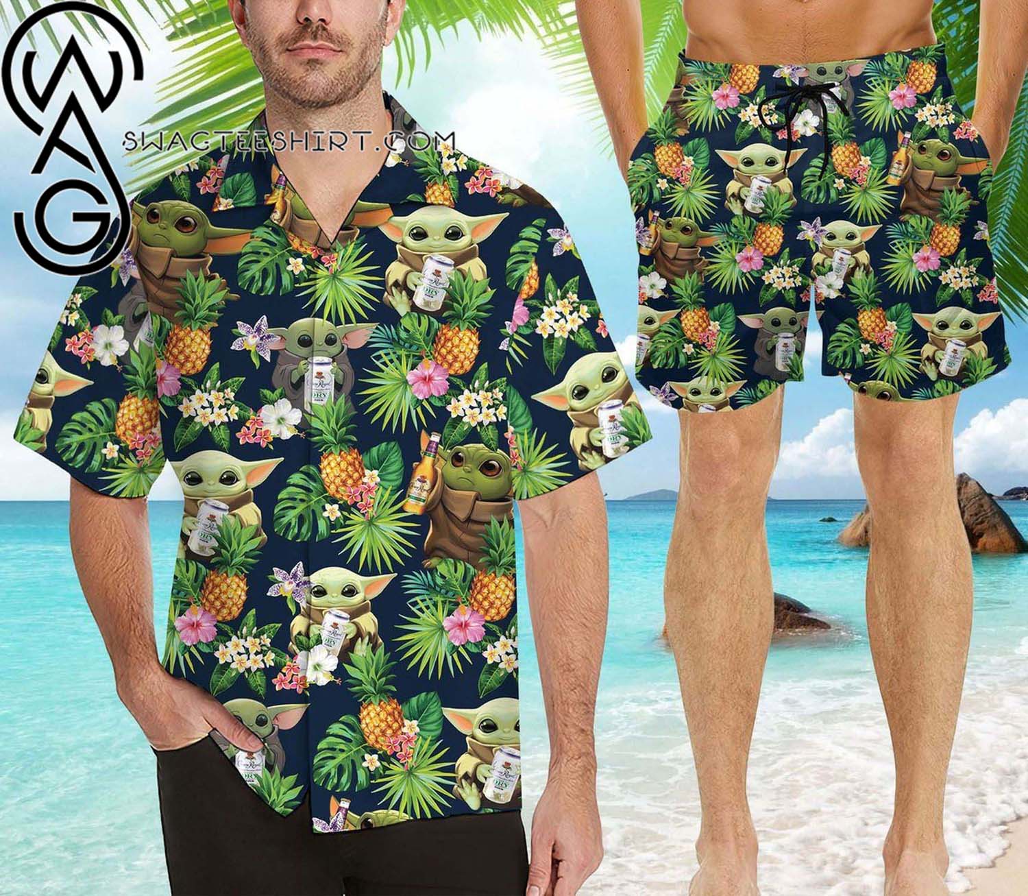 Baby Yoda And Corona Beer All Over Print Summer Vacation Hawaiian Shirt And Beach Shorts