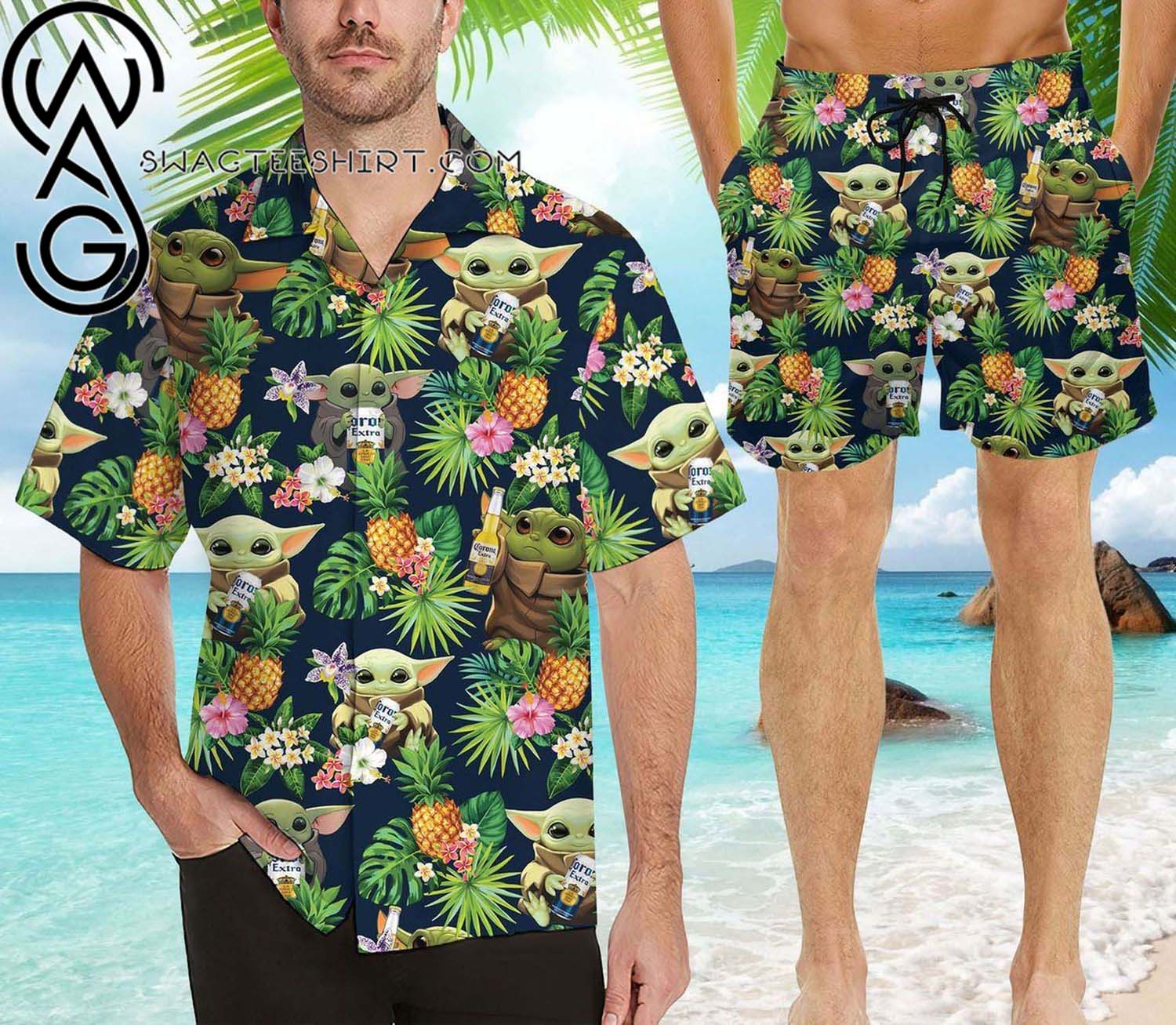 Baby Yoda And Crown Royals All Over Print Summer Floral Aloha Summer Beach Hawaiian Shirt And Beach Shorts