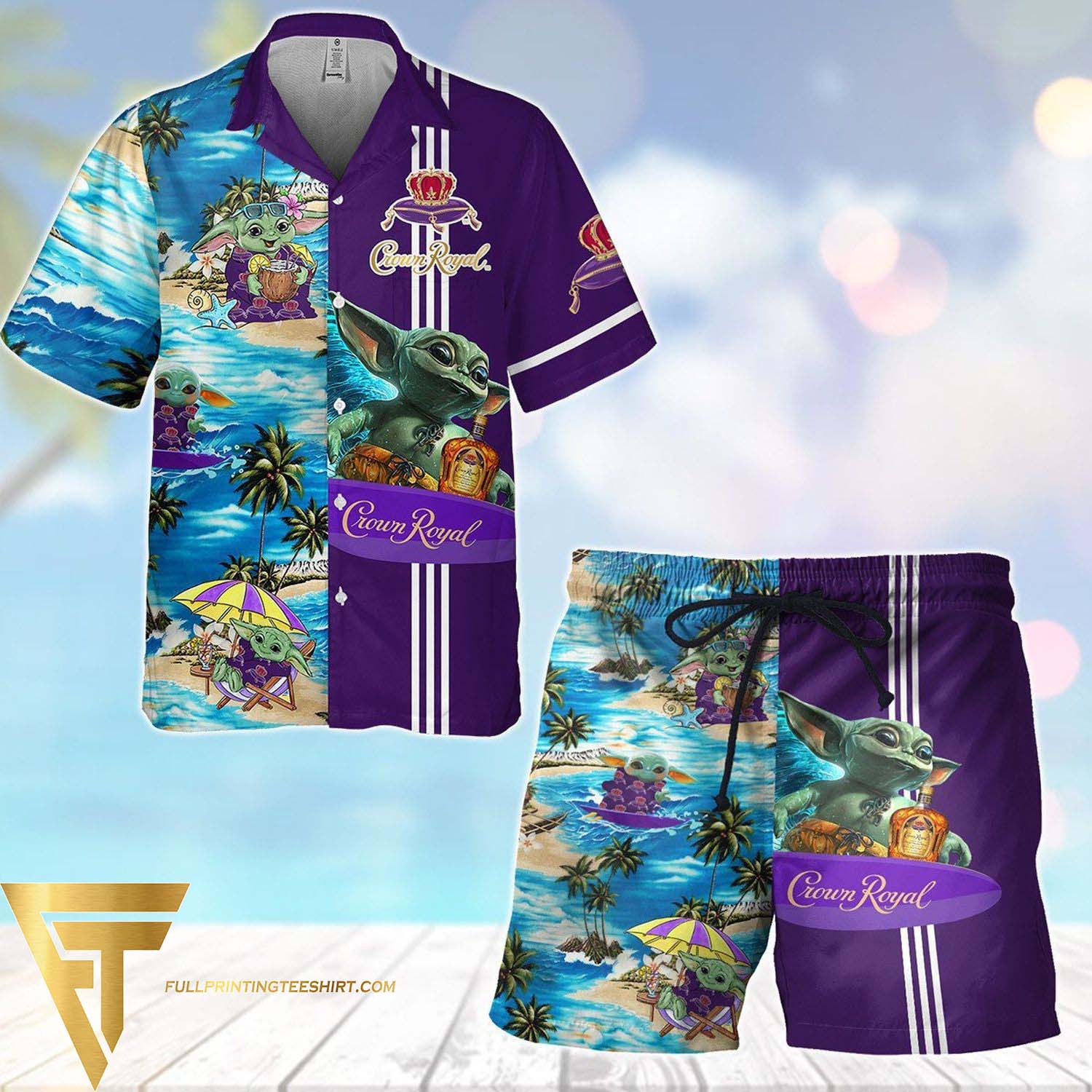 Baby Yoda And Crown Royal All Over Print Summer Aloha Summer Beach Hawaiian Shirt And Beach Shorts Version Blue Purple