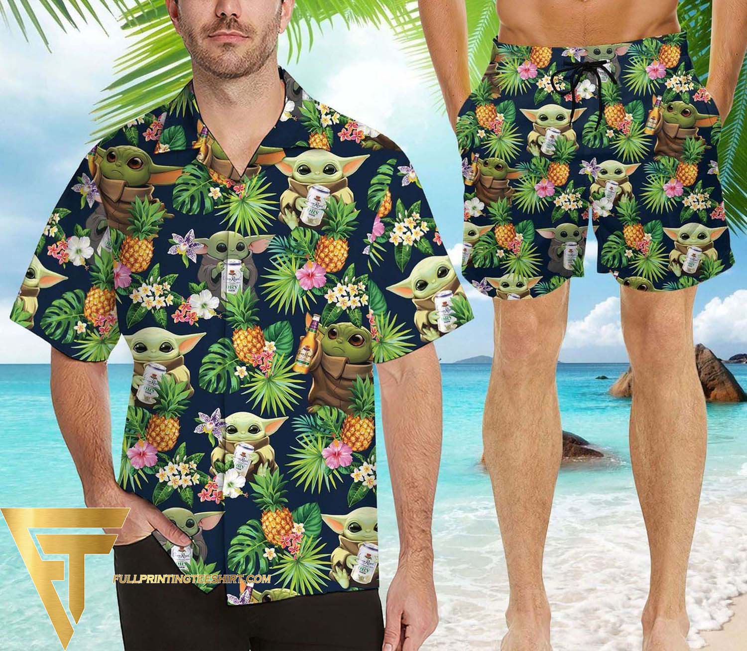 Baby Yoda And Crown Royals All Over Print Summer Floral Aloha Summer Beach Hawaiian Shirt And Beach Shorts