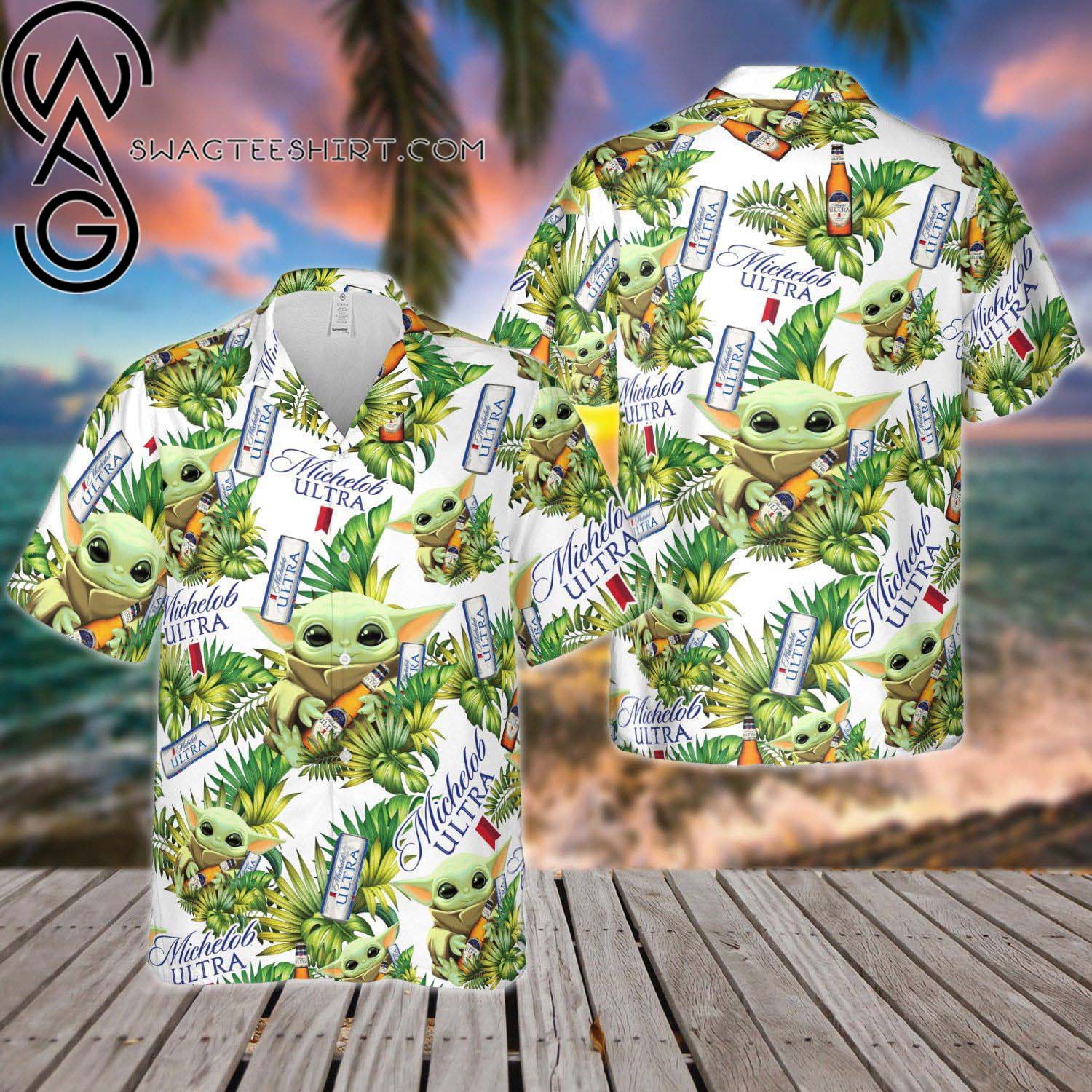 Baby Yoda And Michelob Ultra All Over Print Aloha Floral Summer Vacation Hawaiian Shirt