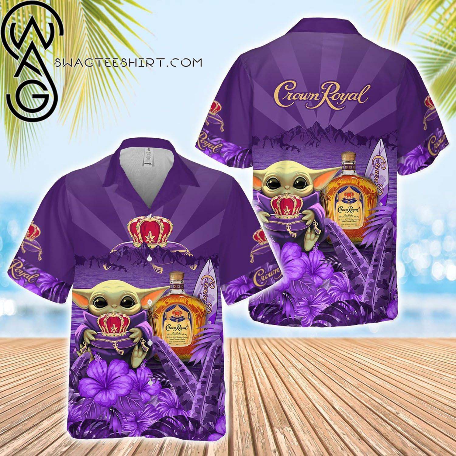 Baby Yoda And Crown Royals All Over Print Summer Vacation Hawaiian Shirt And Beach Shorts