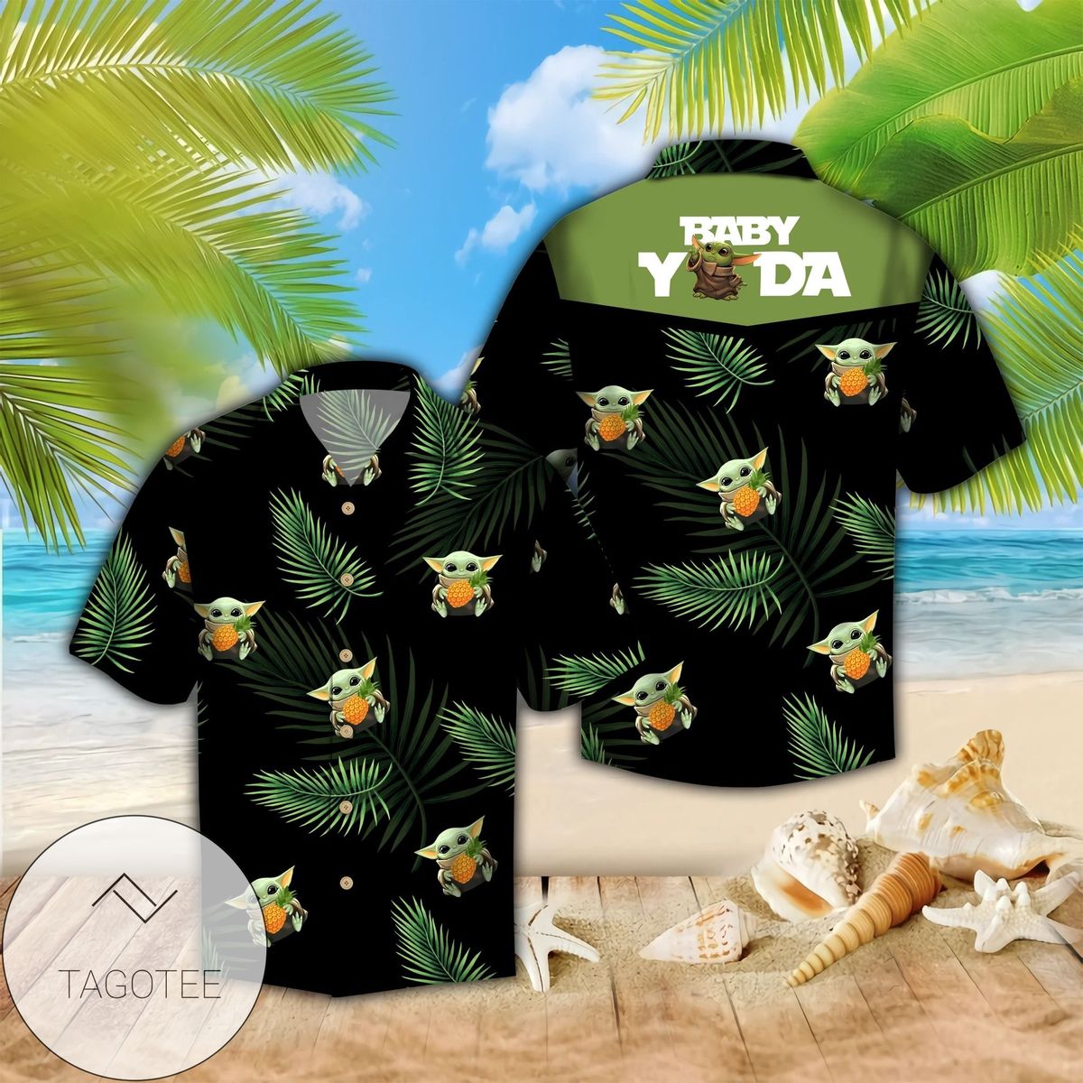 Baby Yoda Hugging Apples Seamless Tropical Green Leaves On Black Graphic Print Short Sleeve Hawaiian Casual Shirt