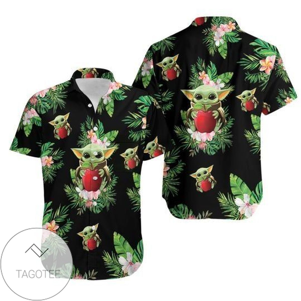 Baby Yoda Hugging Avocadoes Tropical Leaves Hawaiian II Graphic Print Short Sleeve Hawaiian Casual Shirt