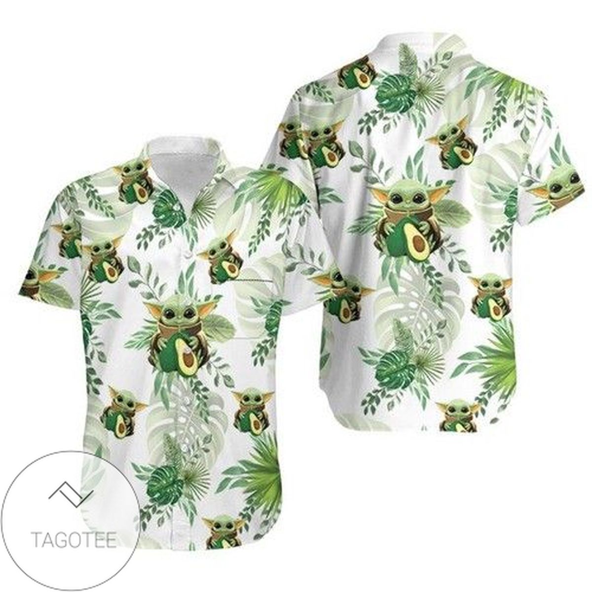 Baby Yoda Hugging Avocadoes Tropical Leaves Hawaiian II Graphic Print Short Sleeve Hawaiian Casual Shirt