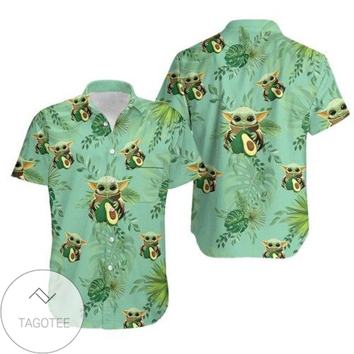 Baby Yoda Hugging Apples Seamless Tropical Green Leaves On Black Graphic Print Short Sleeve Hawaiian Casual Shirt