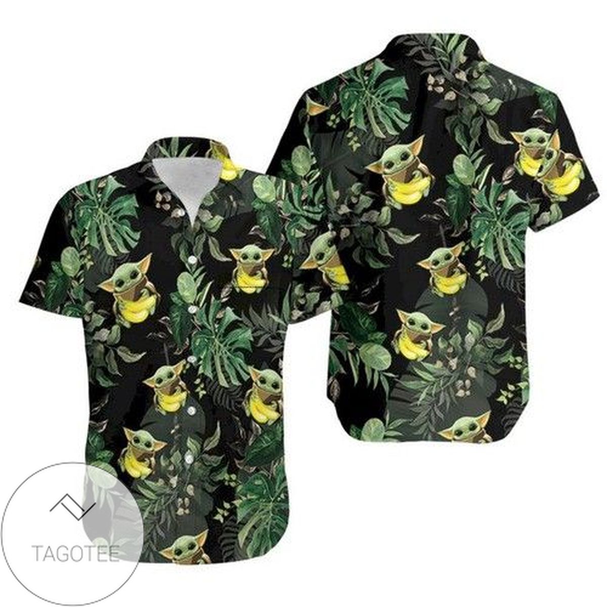 Baby Yoda Hugging Avocadoes Tropical Leaves Hawaiian Graphic Print Short Sleeve Hawaiian Casual Shirt