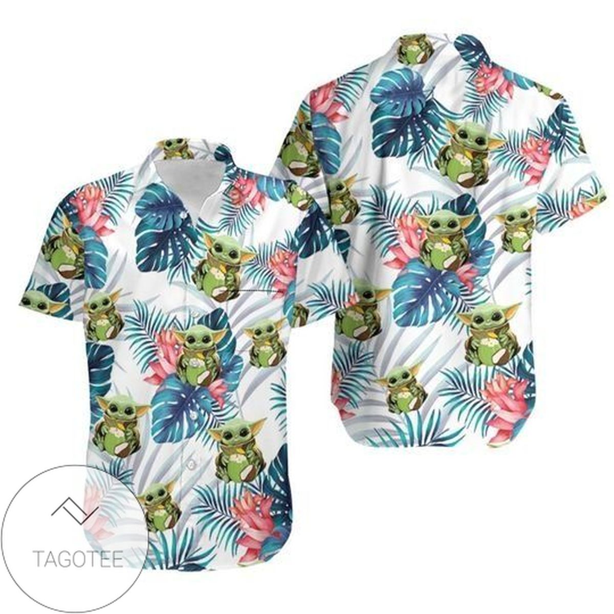 Baby Yoda Hugging Bananas Tropical Leaves Graphic Print Short Sleeve Hawaiian Casual Shirt