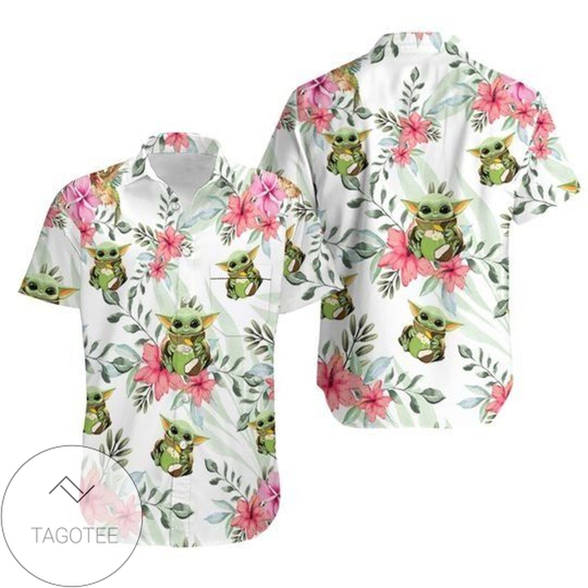 Baby Yoda Hugging Watermelons Seamless Tropical Colorful Flowers On White Hawaiian Graphic Print Short Sleeve Hawaiian Casual Shirt