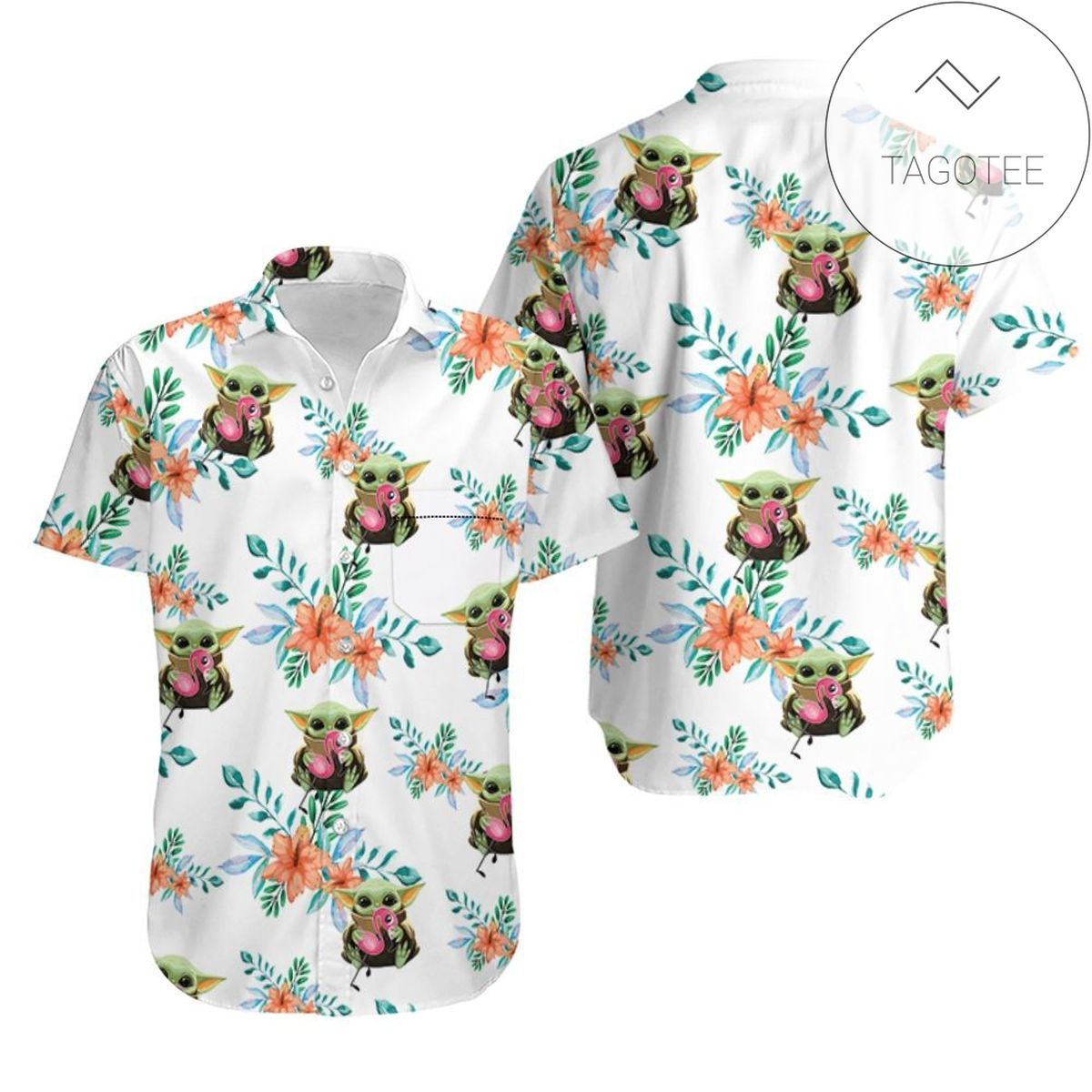 Baby Yoda Hugging Pineapples Seamless Tropical Hawaiian Graphic Print Short Sleeve Hawaiian Casual Shirt