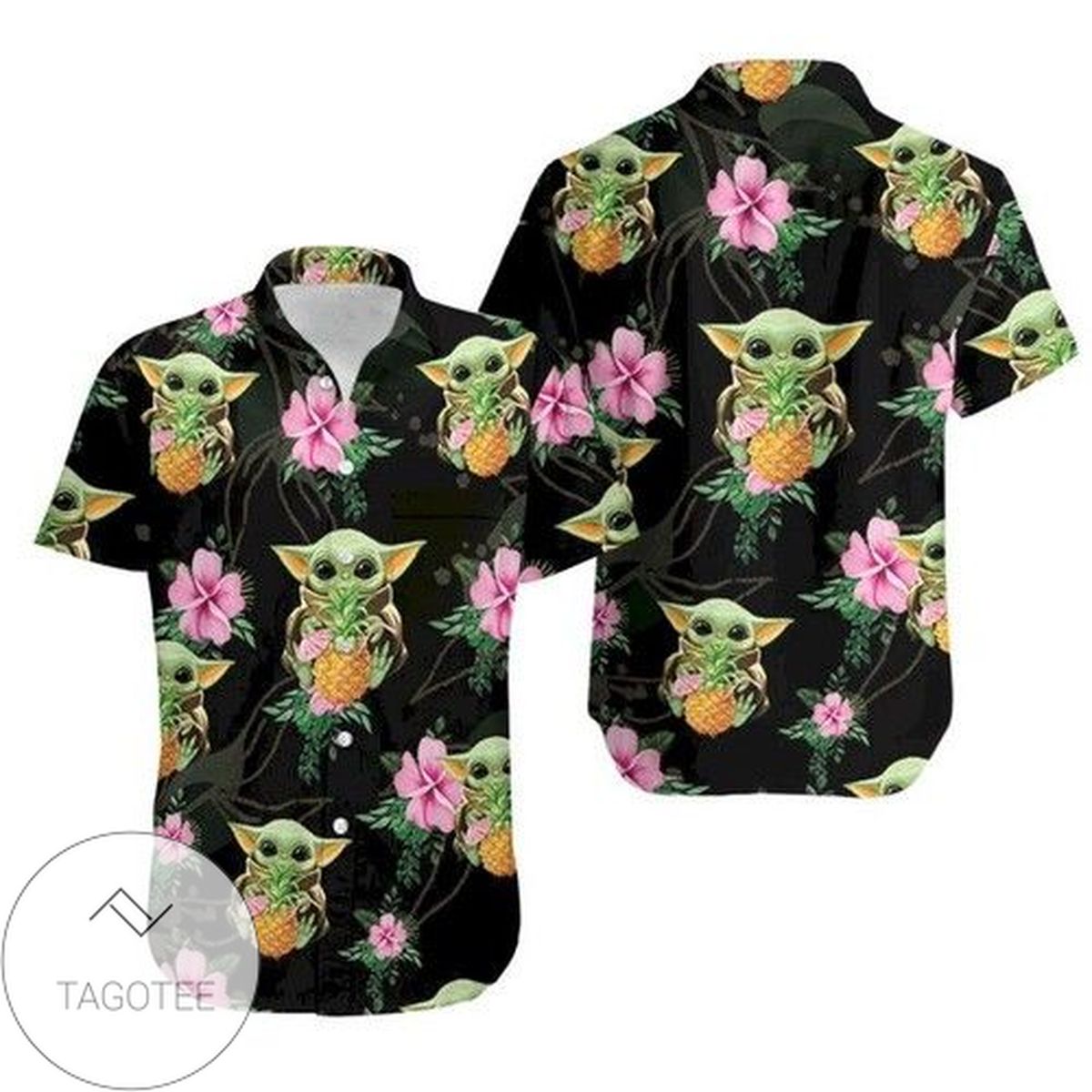 Baby Yoda Hugging Watermelons Seamless Tropical Colorful Flowers On White Hawaiian Graphic Print Short Sleeve Hawaiian Casual Shirt