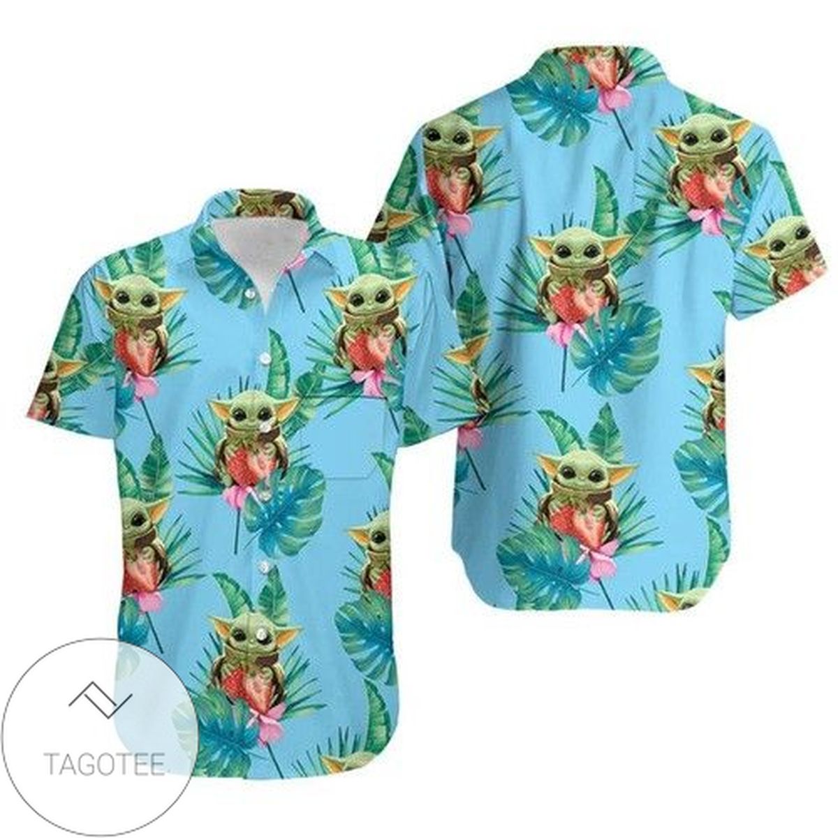 Baby Yoda Hugging Coconuts Seamless Tropical Colorful Flowers On White Hawaiian Shirt Graphic Print Short Sleeve Hawaiian Casual Shirt