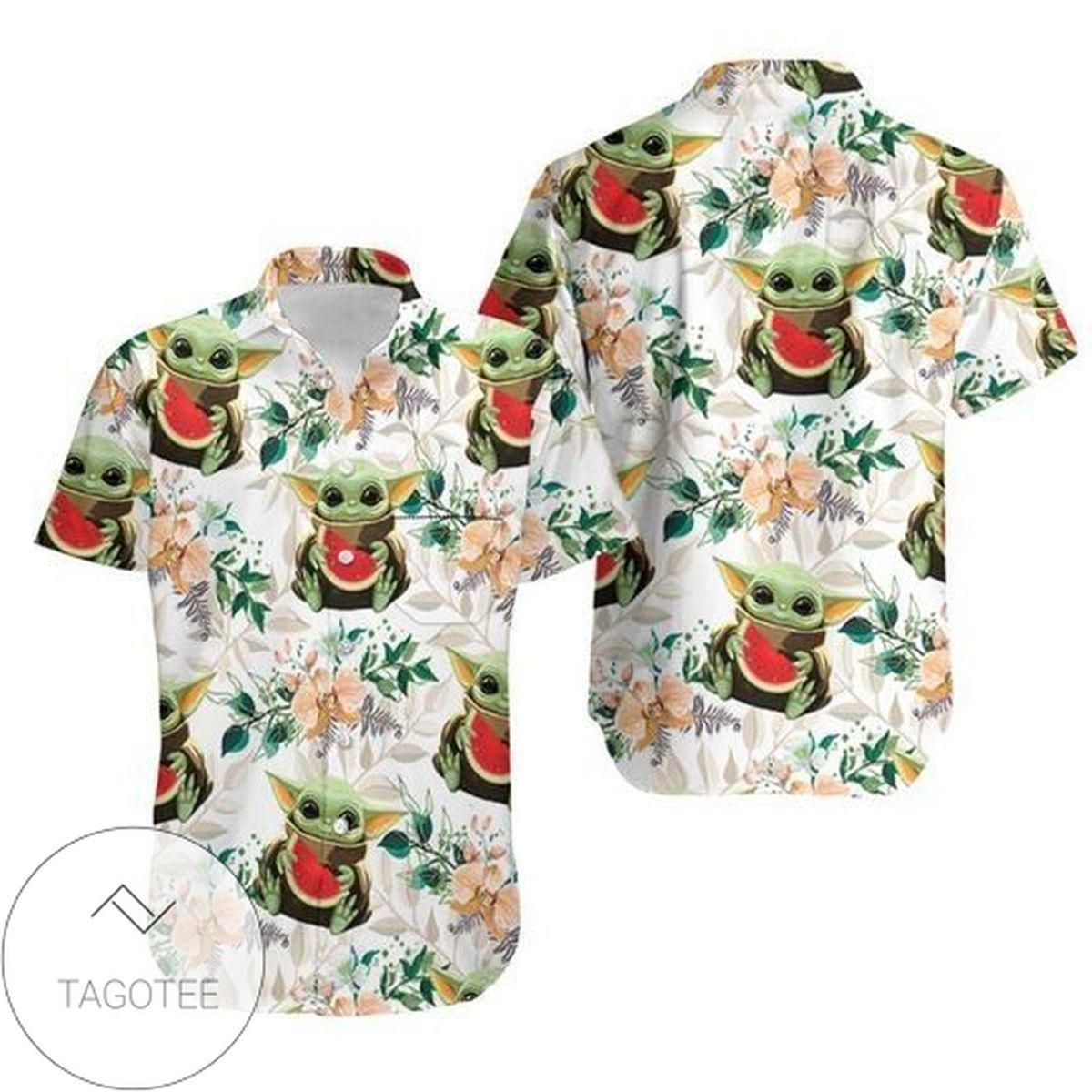 Baby Yoda Hugging Pineapples Seamless Tropical Hawaiian Graphic Print Short Sleeve Hawaiian Casual Shirt