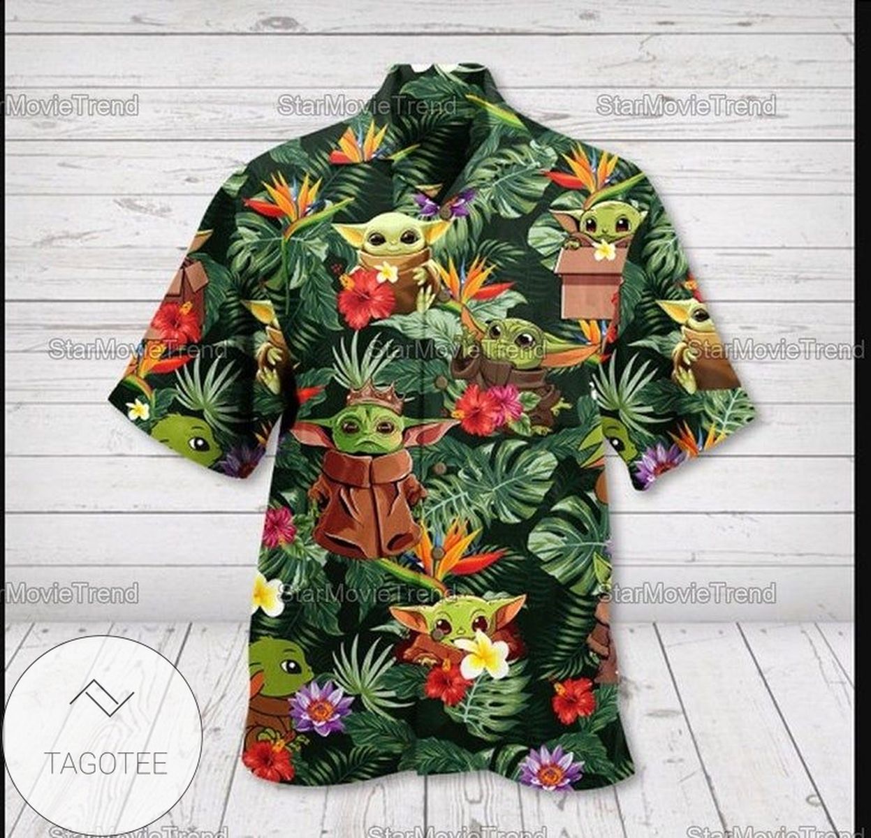 Baby Yoda Tropical Graphic Print Short Sleeve Hawaiian Casual Shirt