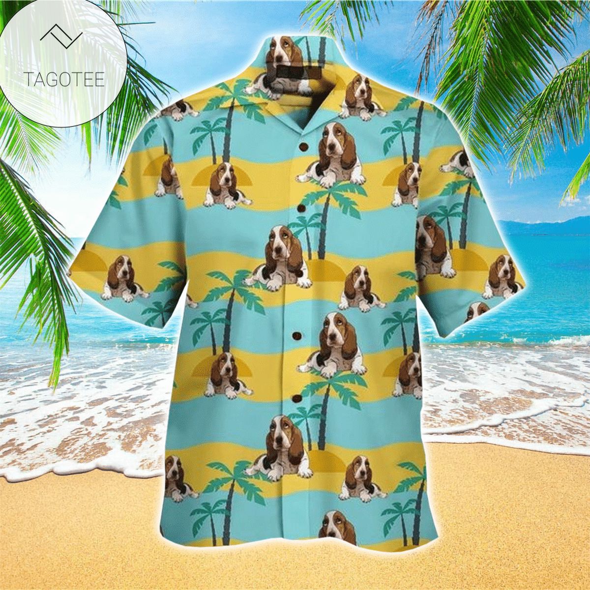 Basset Hound dog camping and Halloween and summer Print Short Sleeve Hawaiian Casual Shirt