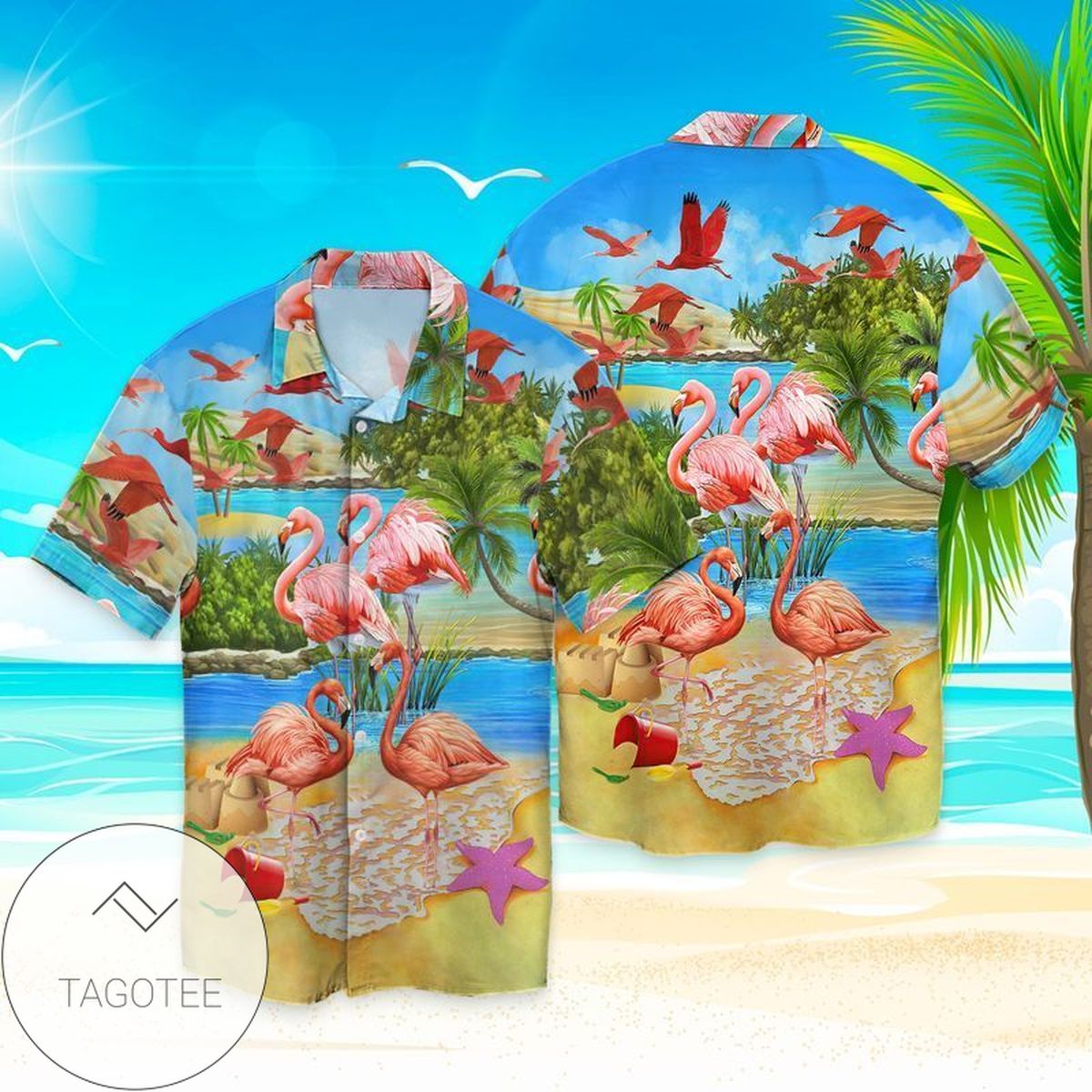 Beautiful Flamingo On The Beach Blue And Pink Unisex Hawaiian Aloha Shirts