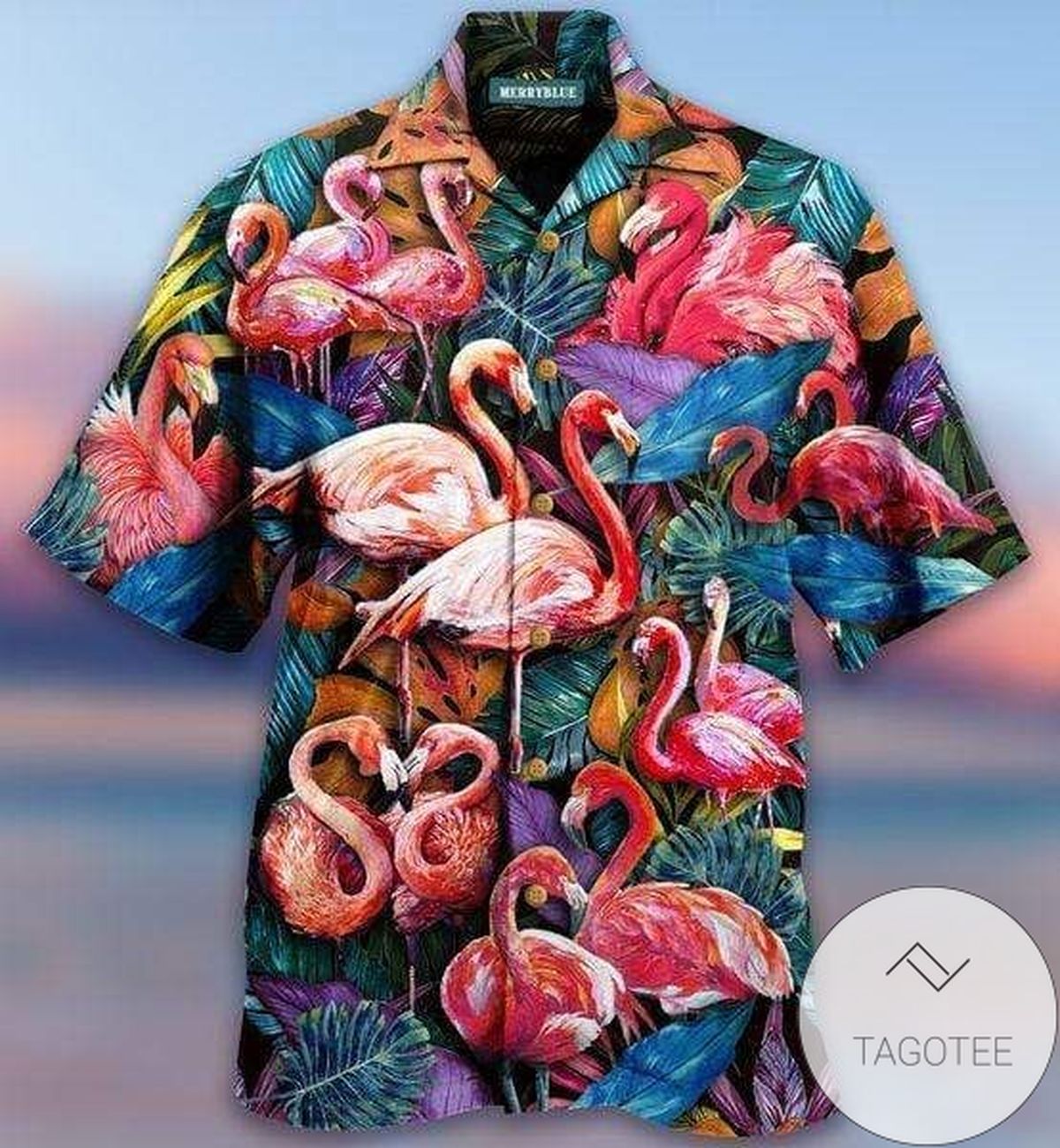 Beautiful Flamingo On The Beach Blue And Pink Unisex Hawaiian Aloha Shirts