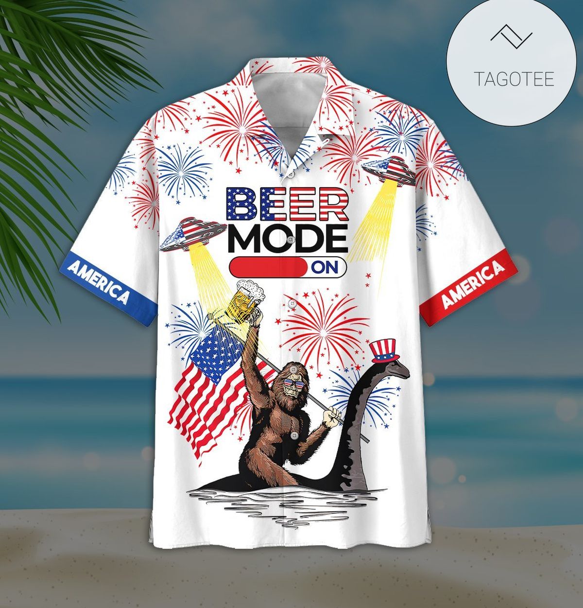 Beer Hawaiian Shirt Beer Mode On Bigfoot Loch Ness Monster Fireworks White Hawaii Aloha Shirt