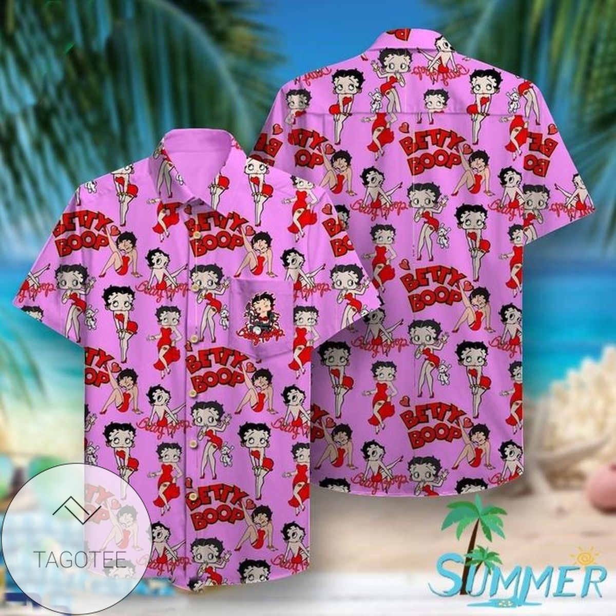 Betty Boop II Hawaiian Graphic Print Short Sleeve Hawaiian Casual Shirt