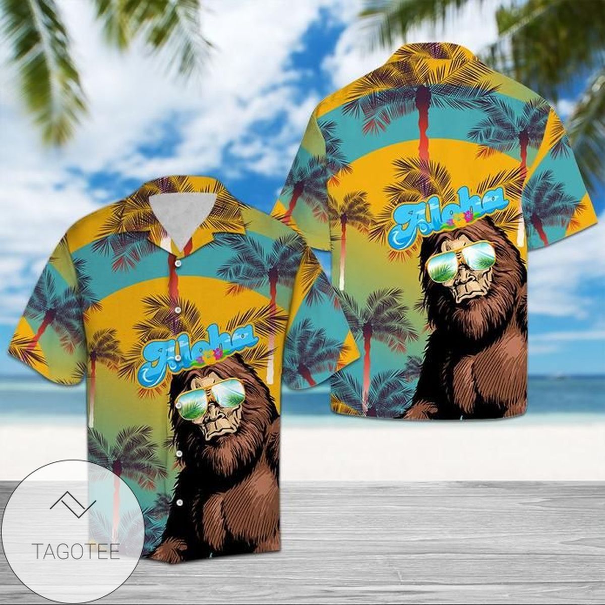 Bigfoot Activities Camping Hawaiian II Graphic Print Short Sleeve Hawaiian Shirt