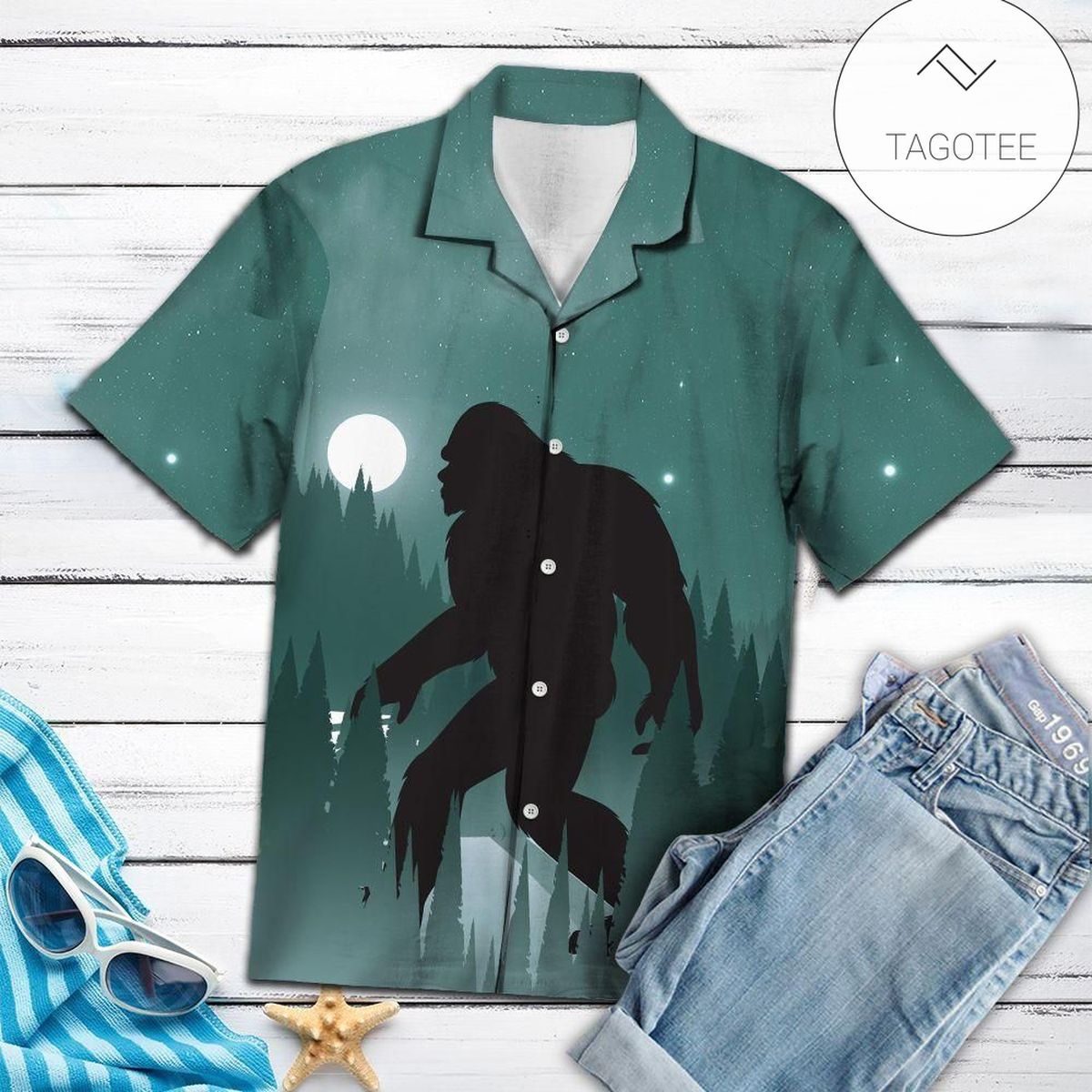 Bigfoot Hawaii Shirt Foot Print Bigfoot Green Blue Hawaiian Shirt