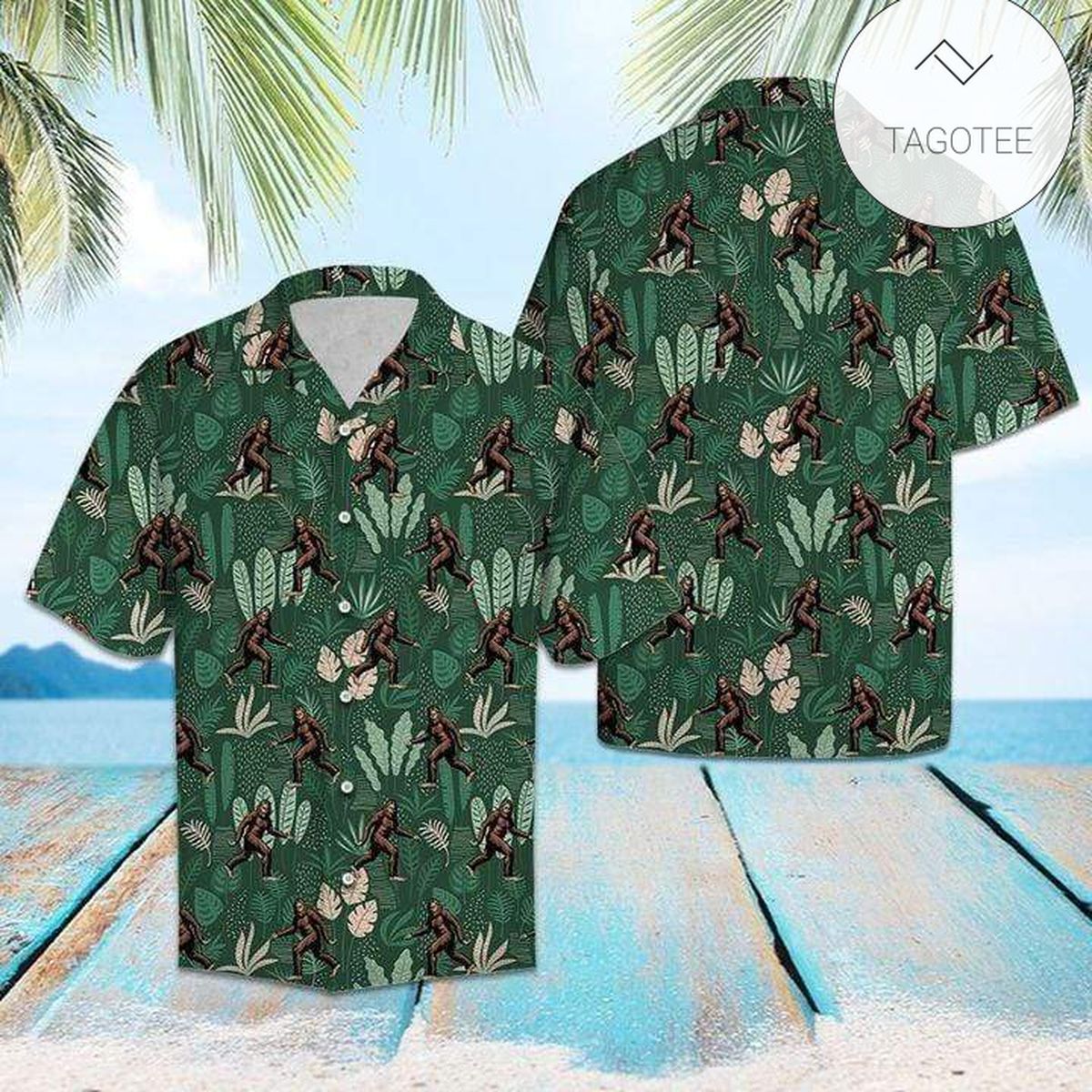 Bigfoot Hawaiian V Graphic Print Short Sleeve Hawaiian Shirt