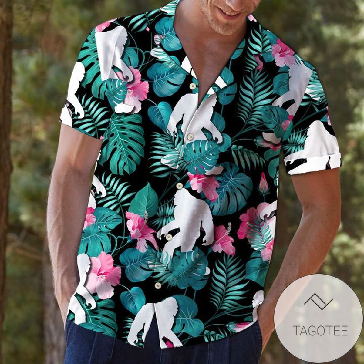 Bigfoot In The Forest Print Short Sleeve Hawaiian Casual Shirt