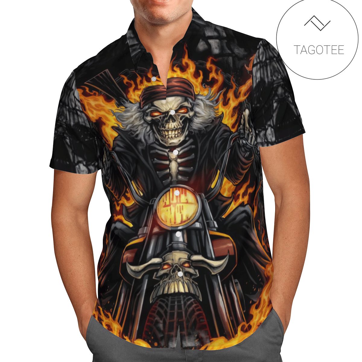 Biker Skull in Fire Hawaiian Shirt