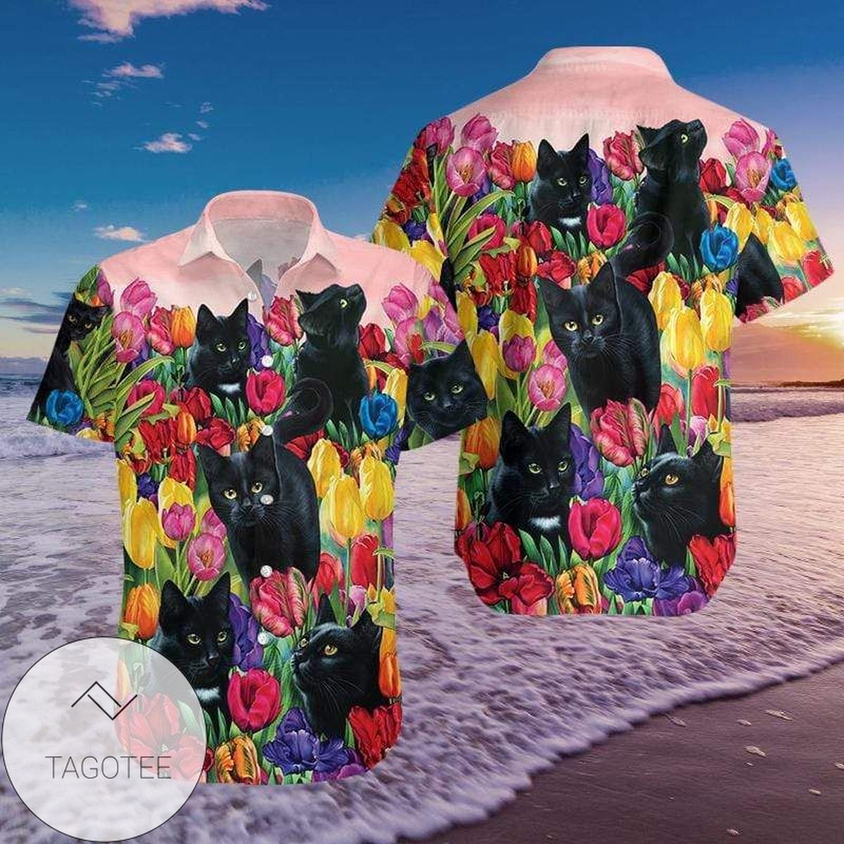 Black Cat Flower 3d Hawaiian Shirt For Men With Vibrant Colors And Textures