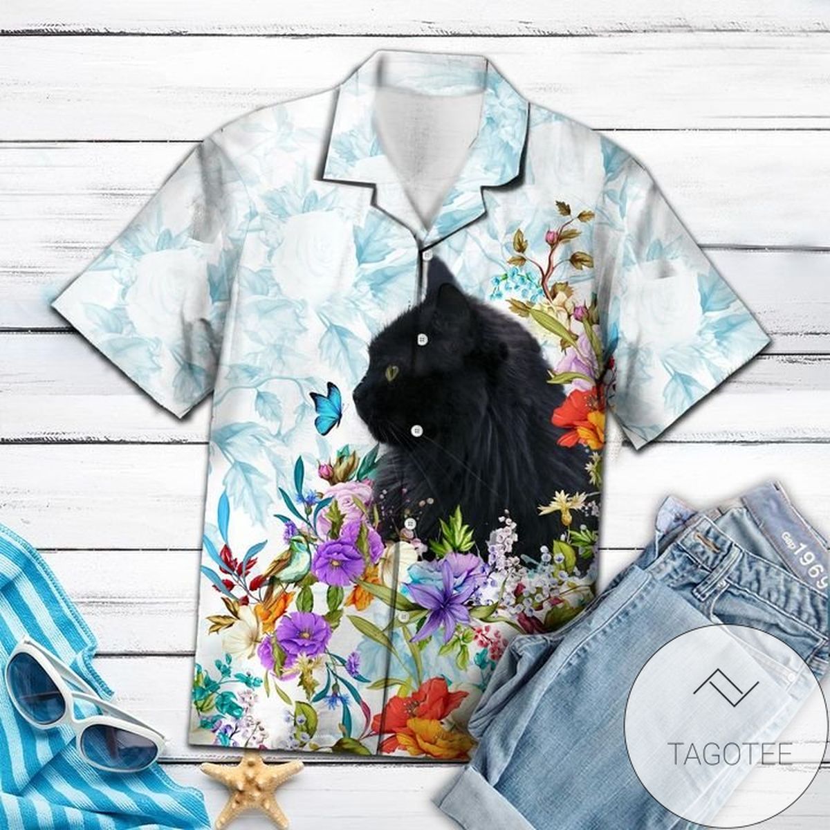 Black Cat Flower 3d Hawaiian Shirt For Men With Vibrant Colors And Textures