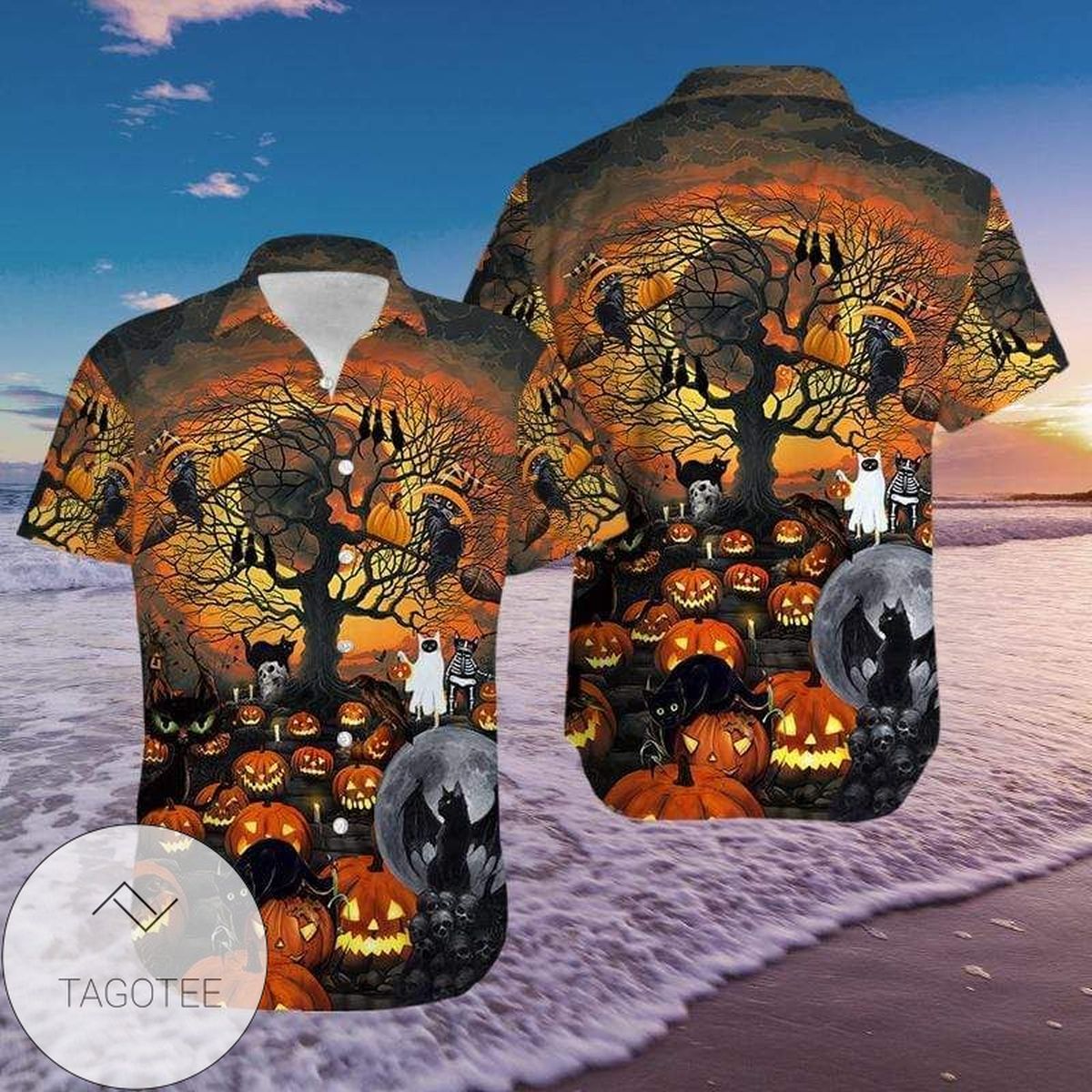 Black Cat Halloween Art Hawaiian Aloha Shirts 210h