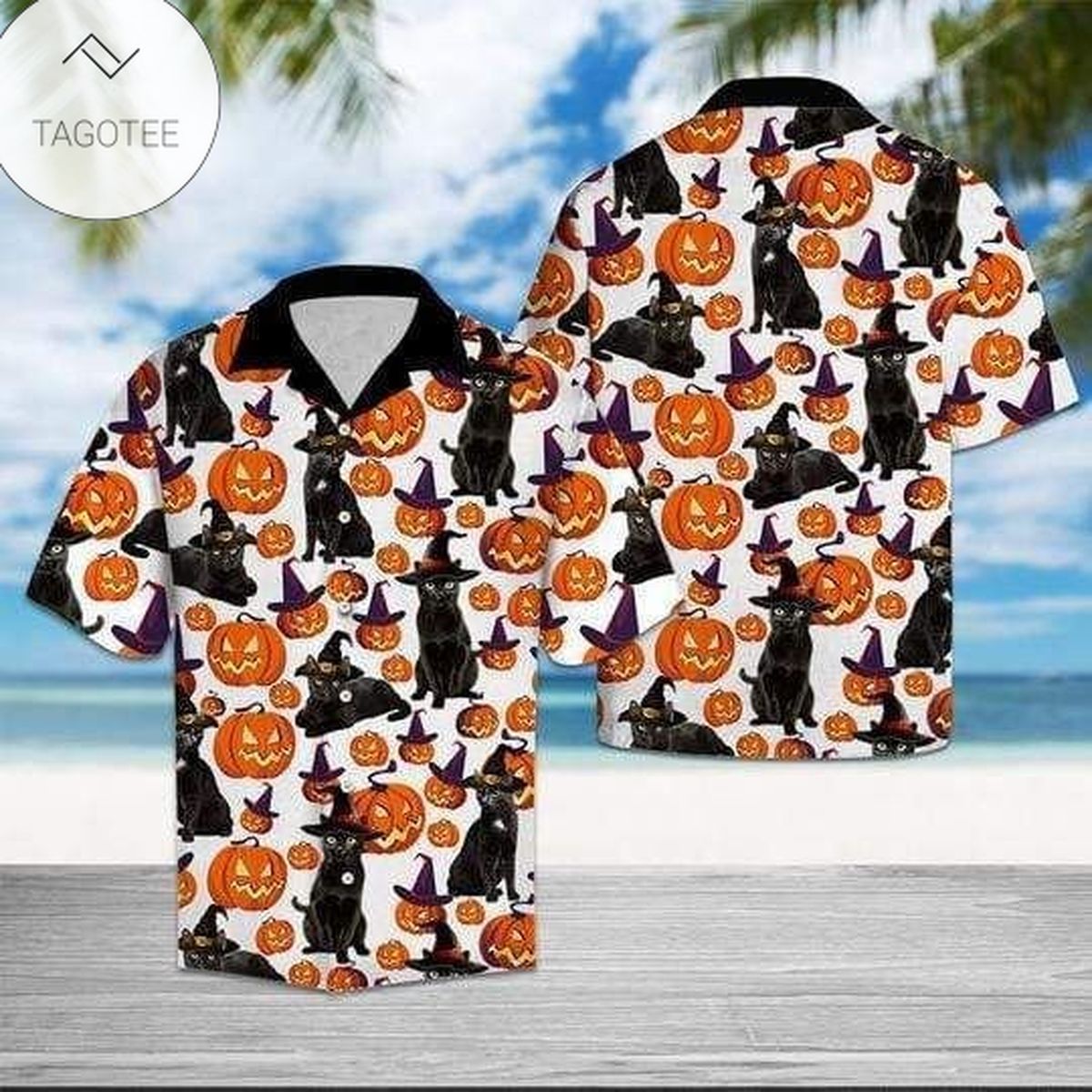 Black Cat Halloween Pattern Hawaiian Aloha Shirts