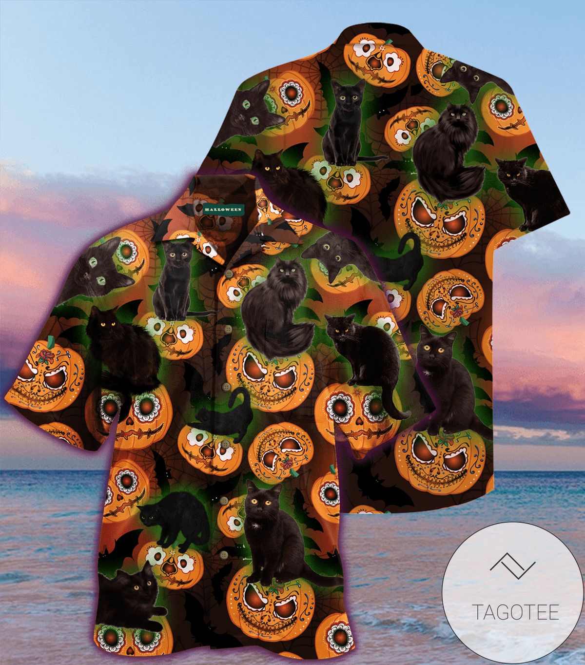 Black Cat Pumpkin Halloween Pattern Hawaiian Aloha Shirts