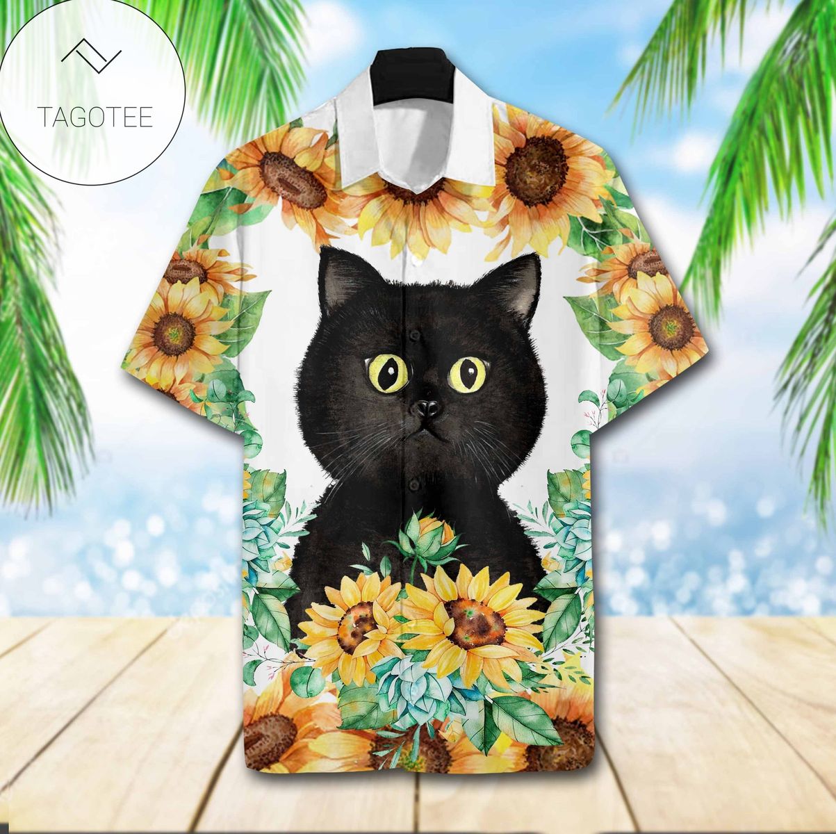 Black Cat Tropical Wild Flowers Hawaiian Shirt For Men With Vibrant Colors And Textures