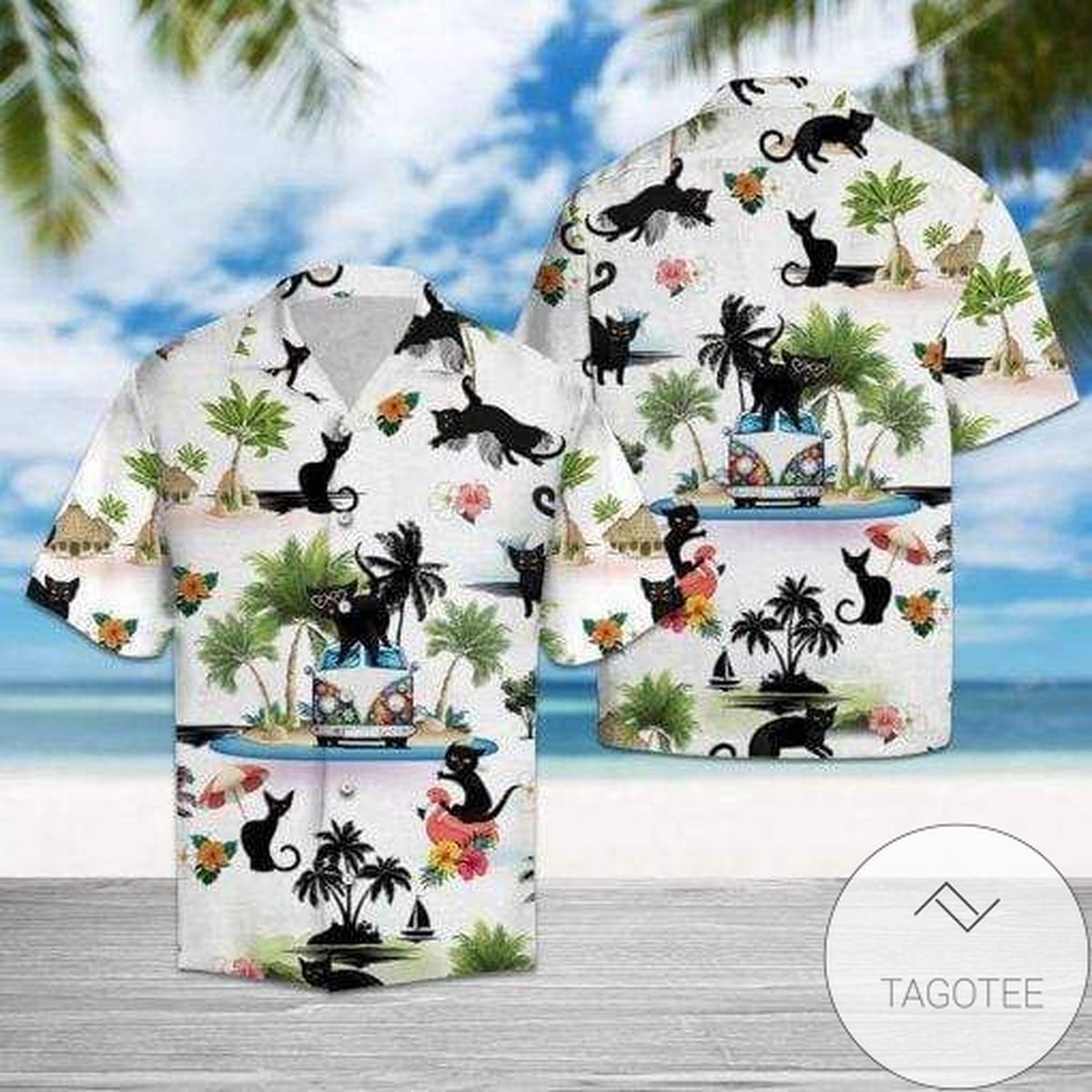 Black Cat Summer Beach 3d Hawaiian Shirt For Men With Vibrant Colors And Textures