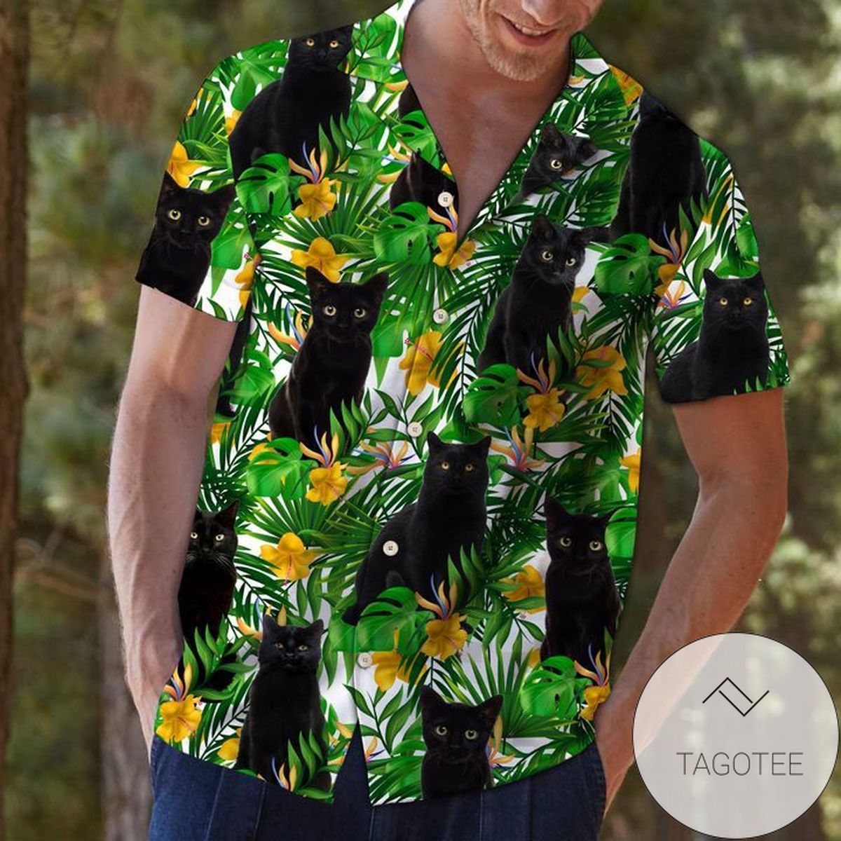 Black Cat Tropical Flowers Print Short Sleeve Hawaiian Casual Shirt