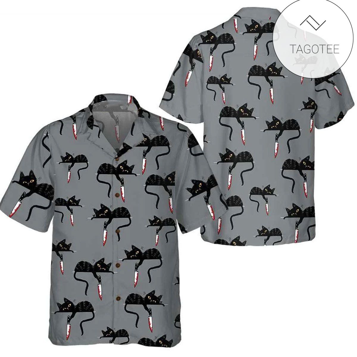 Black Cat Tropical Flowers Print Short Sleeve Hawaiian Casual Shirt