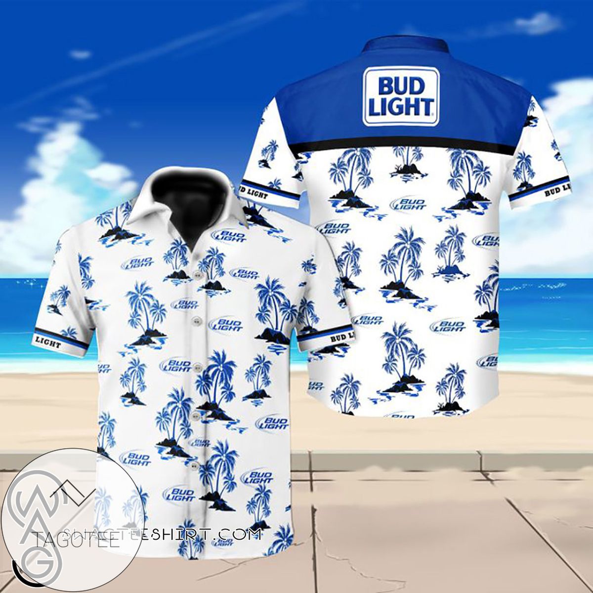 Bud Light All Over Print Summer Short Sleeve Hawaiian Beach Shirt – Blue