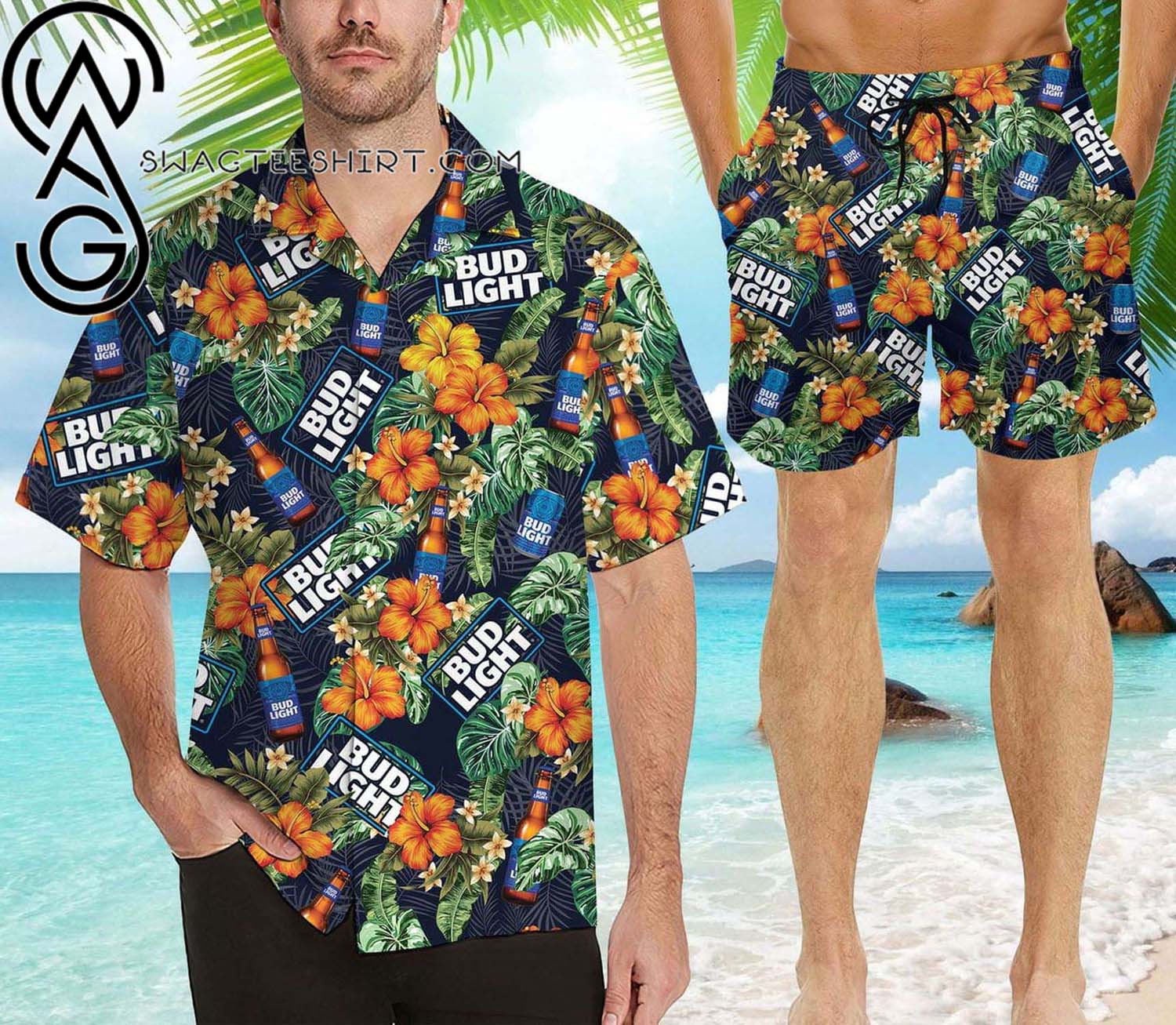 Bud Light Black Palm Tree All Over Print Summer Vacation Hawaiian Shirt