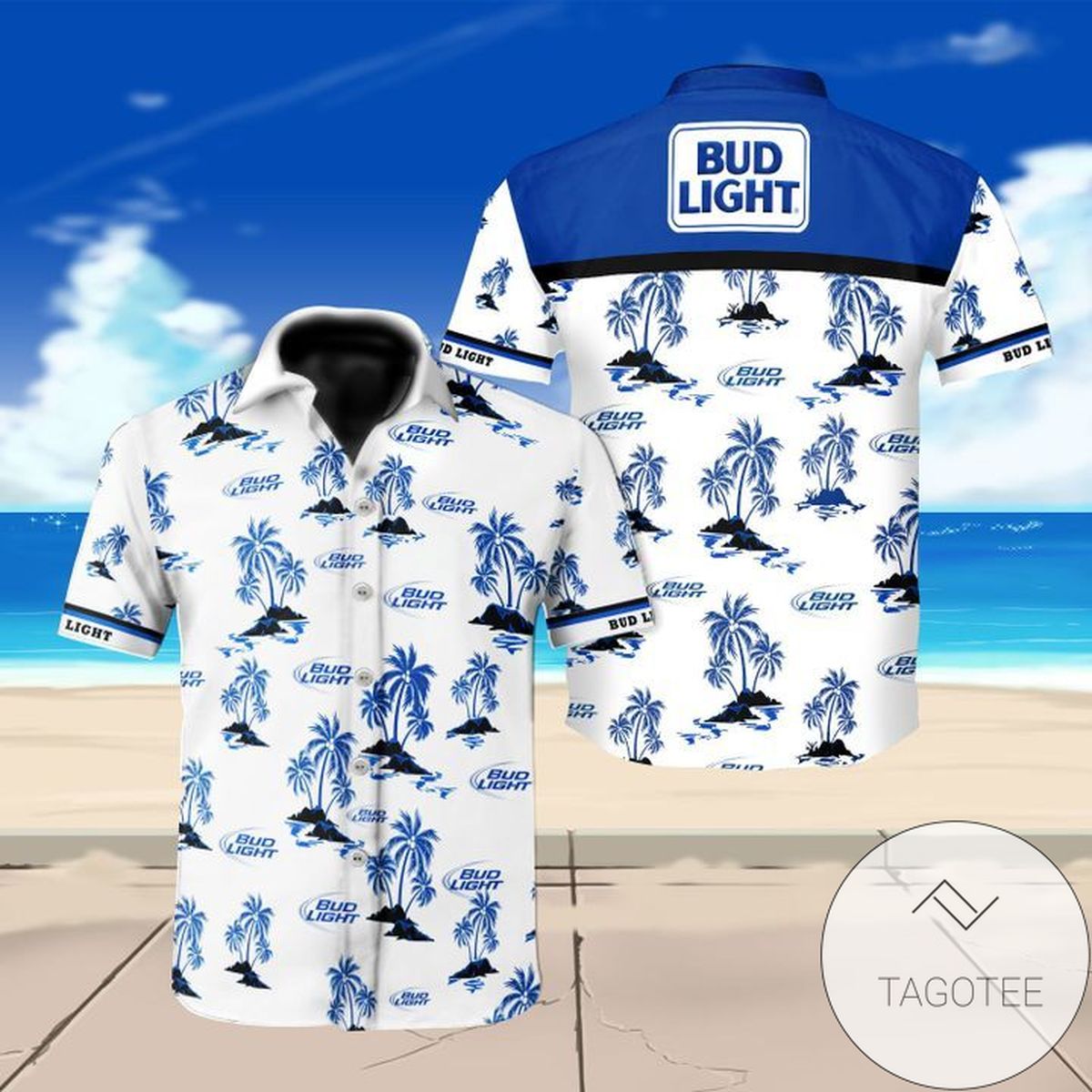 Bud Light Beer All Over Print Summer Short Sleeve Hawaiian Beach Shirt – White