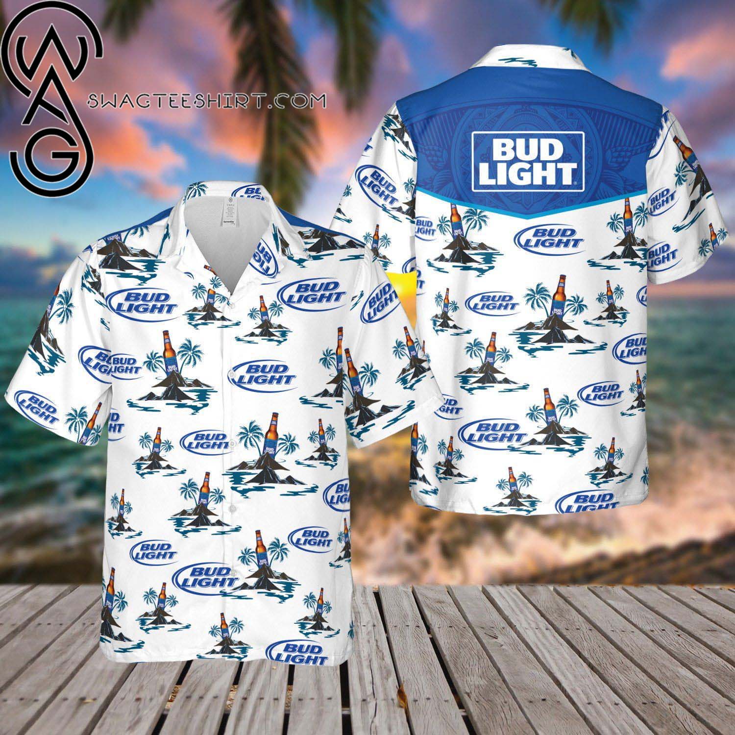 Bud Light Blue Hawaiian Shirt And Beach Shorts