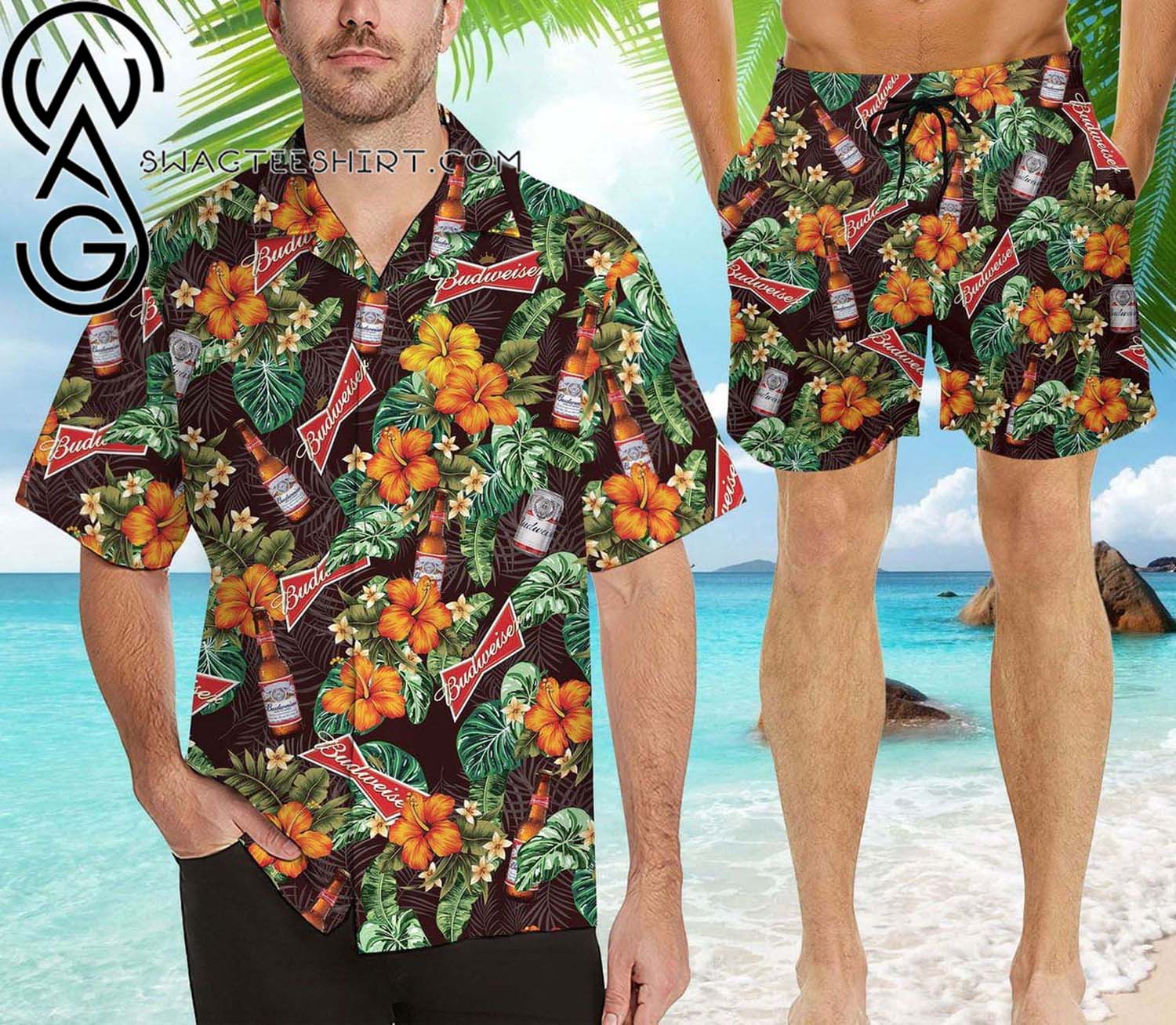 Budweiser Beer All Over Print Aloha Floral Summer Vacation Hawaiian Shirt And Beach Shorts