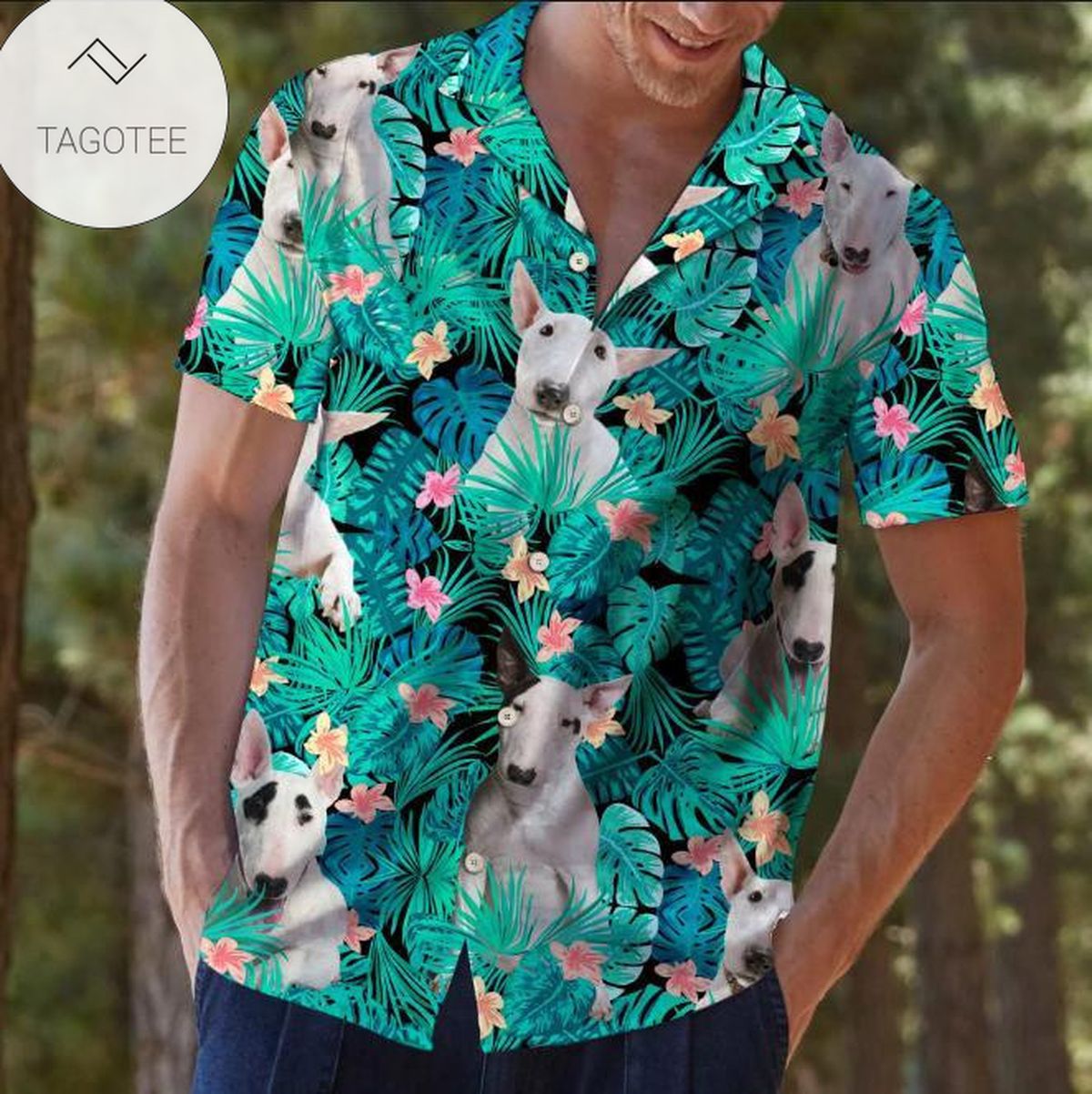 Bull Terrier Dog Summer Hawaiian Graphic Print Short Sleeve Hawaiian Casual Shirt