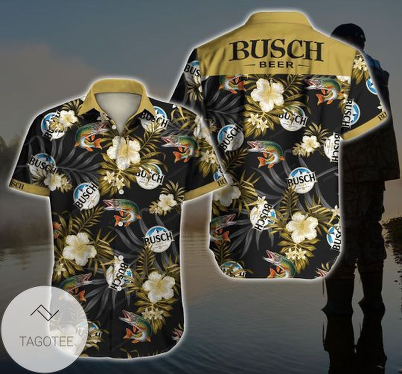 Busch Beer Hawaiian Graphic Print Short Sleeve Hawaiian Casual Shirt