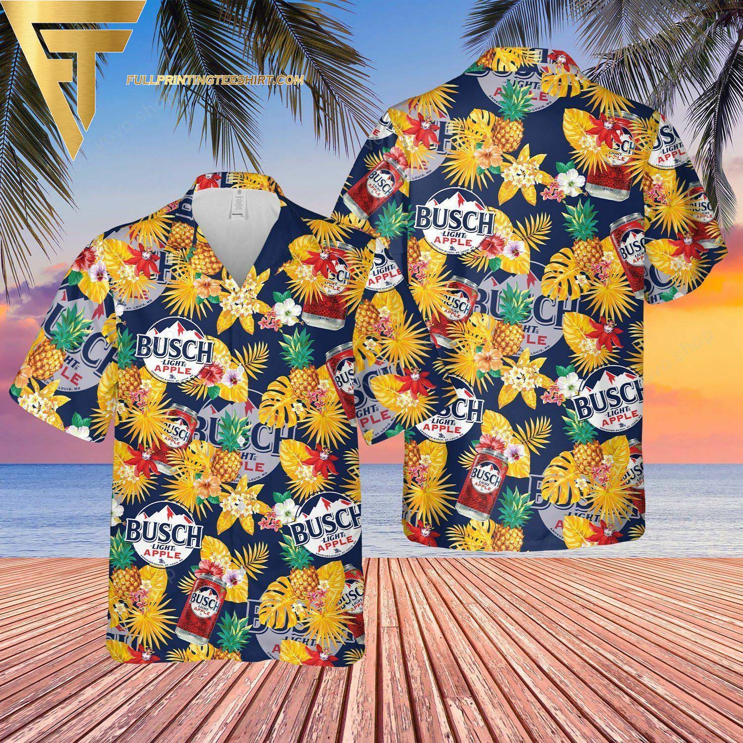 Busch Light Apple Tropical Flower Hawaiian Shirt And Beach Shorts