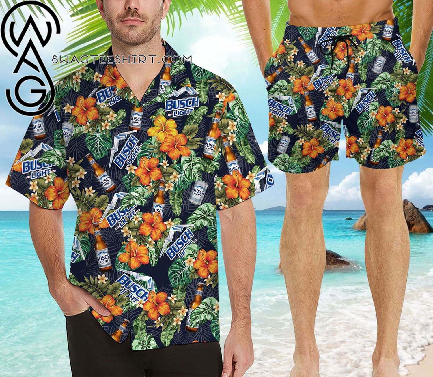 Busch Light Apple Tropical Flower Hawaiian Shirt And Beach Shorts